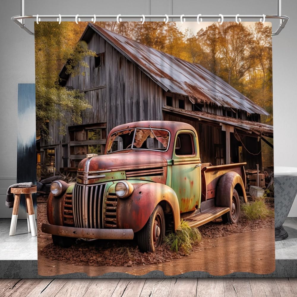 QWRSMYX Farmhouse Old Truck Shower Curtain Rustic Wooden