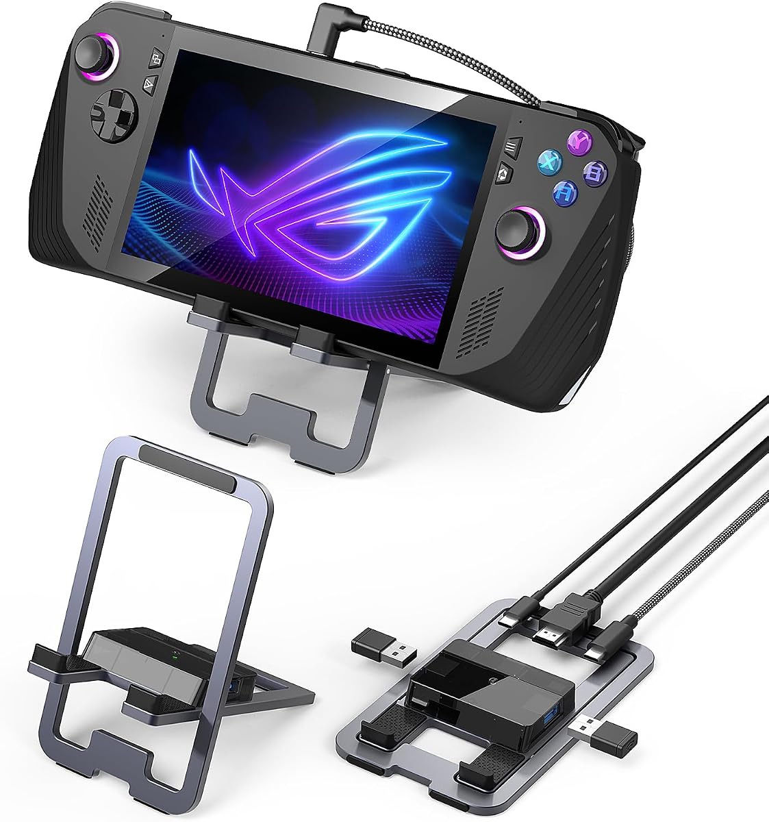 Estación de acoplamiento plegable para juegos 5 en 1 para Switch 2, Steam Deck, ROG Ally X | Base de acoplamiento ajustable ultrafina|Hub USB-C universal portátil|HDMI 4K@60Hz|Carga PD 100W|Soporte ajustable