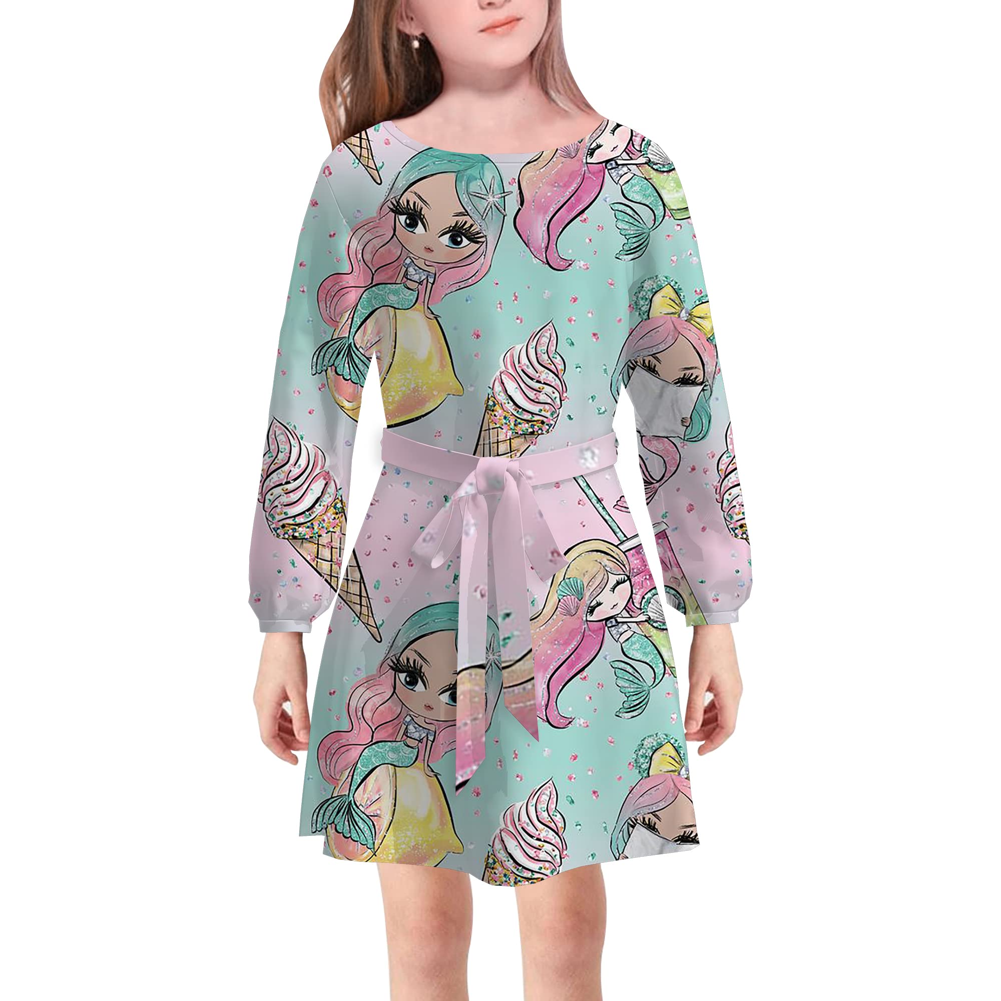 Girls Dress Long Sleeve Ice Cream Printed Dresses Kids Little Big Girls Clothes Casual Dresses Party/Holiday Dresses
