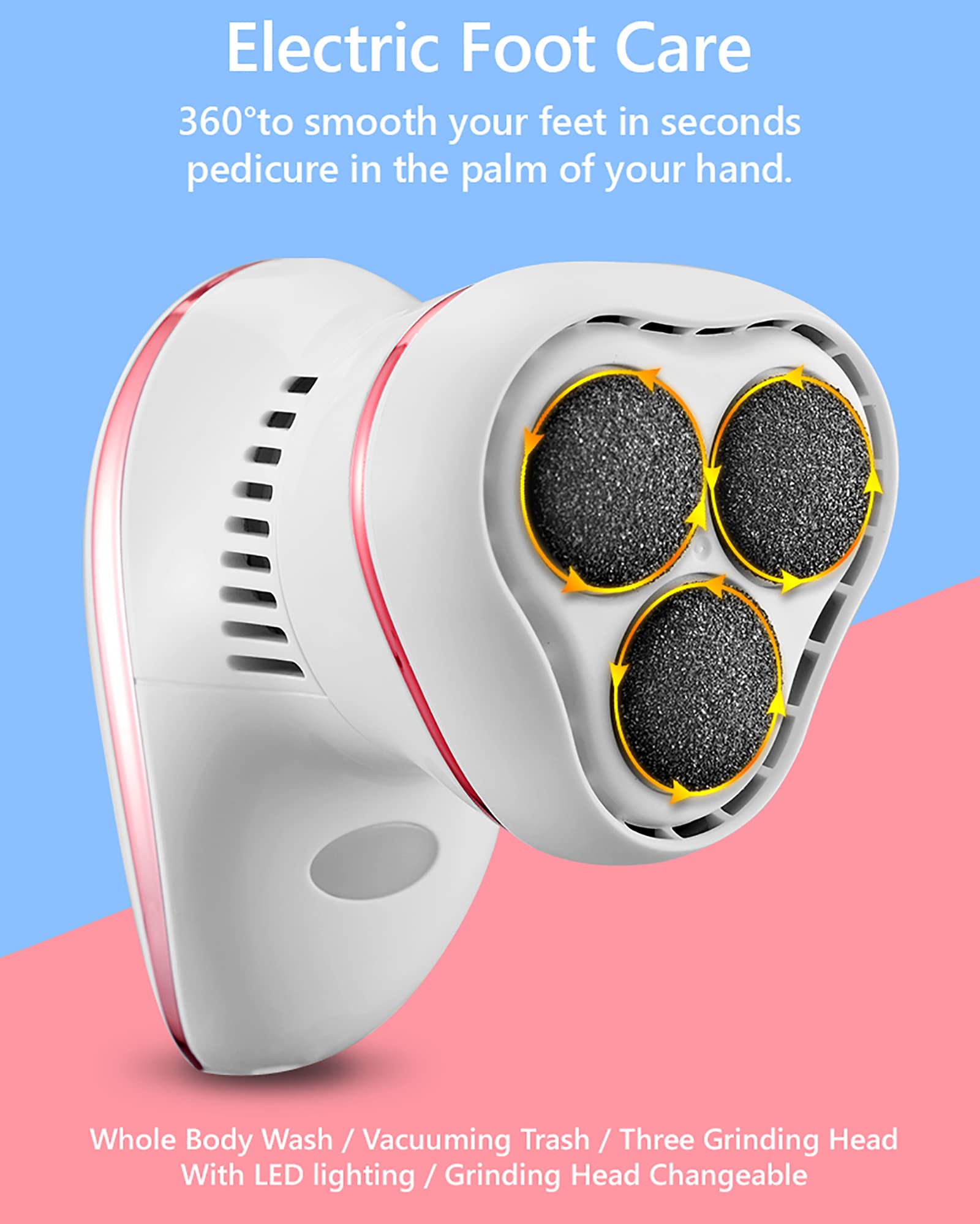 Kit de removedor de callos de pie eléctrico con iluminación Lima de pie recargable Herramientas de pedicura Amoladora de pie al vacío 3 rodillos y 2 velocidades para pies secos, muertos y agrietados