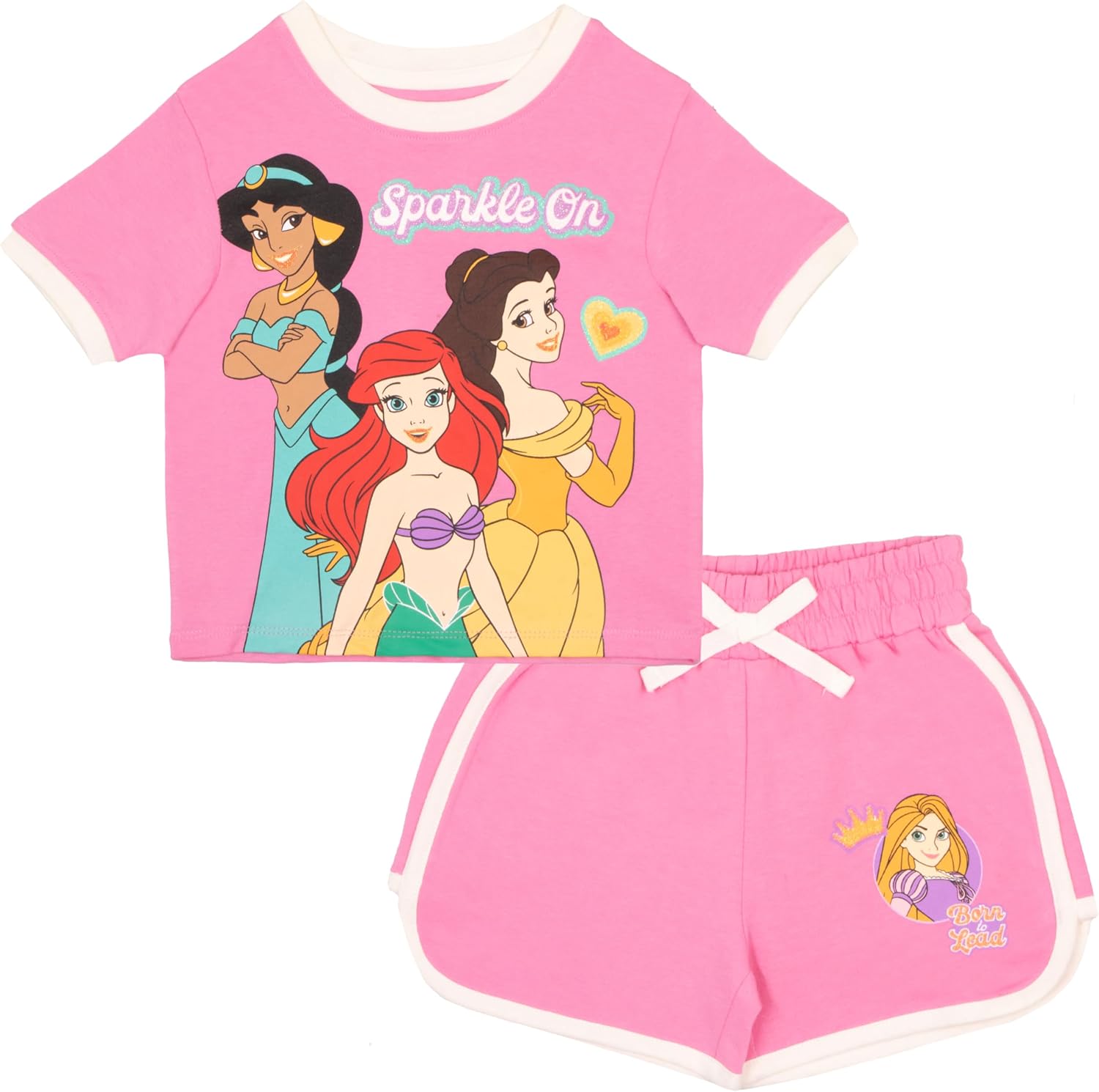 Disney Girls Fashion Short Sets Shirt and Short Set Girl Outfits for Toddler and Kids Clothes Princess Jasmine Ariel Belle Graphic T Shirt and Short Set (Pink Size 10/12)