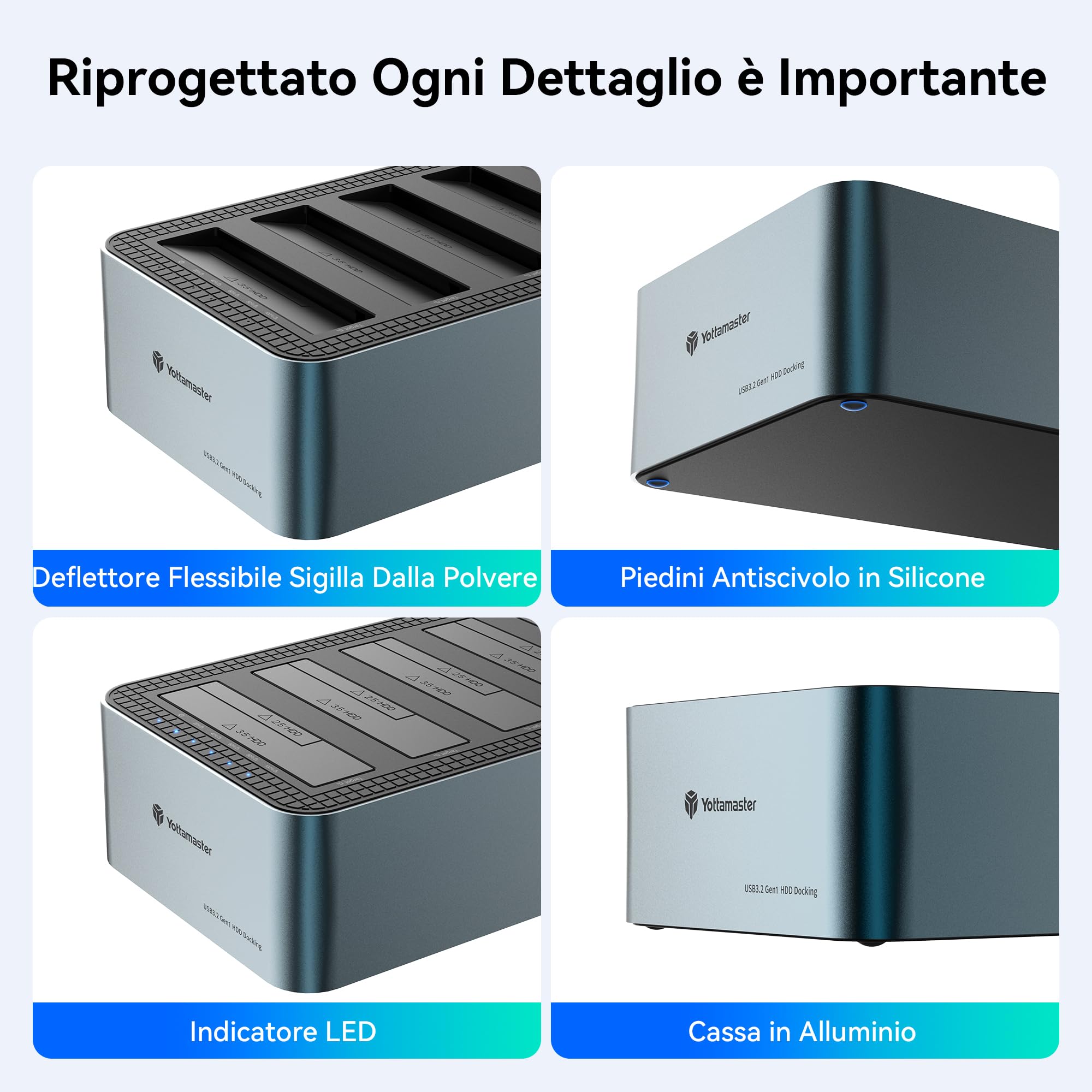 Yottamaster 5 Bay Offline Cloning Hard Drive Docking Station Aluminium per 2.5/3.5 pollici, USB 3.2 Gen1 SATA SSD/HDD Docking Station con Alimentazione 12V 6.5A, Supporta 5x20TB