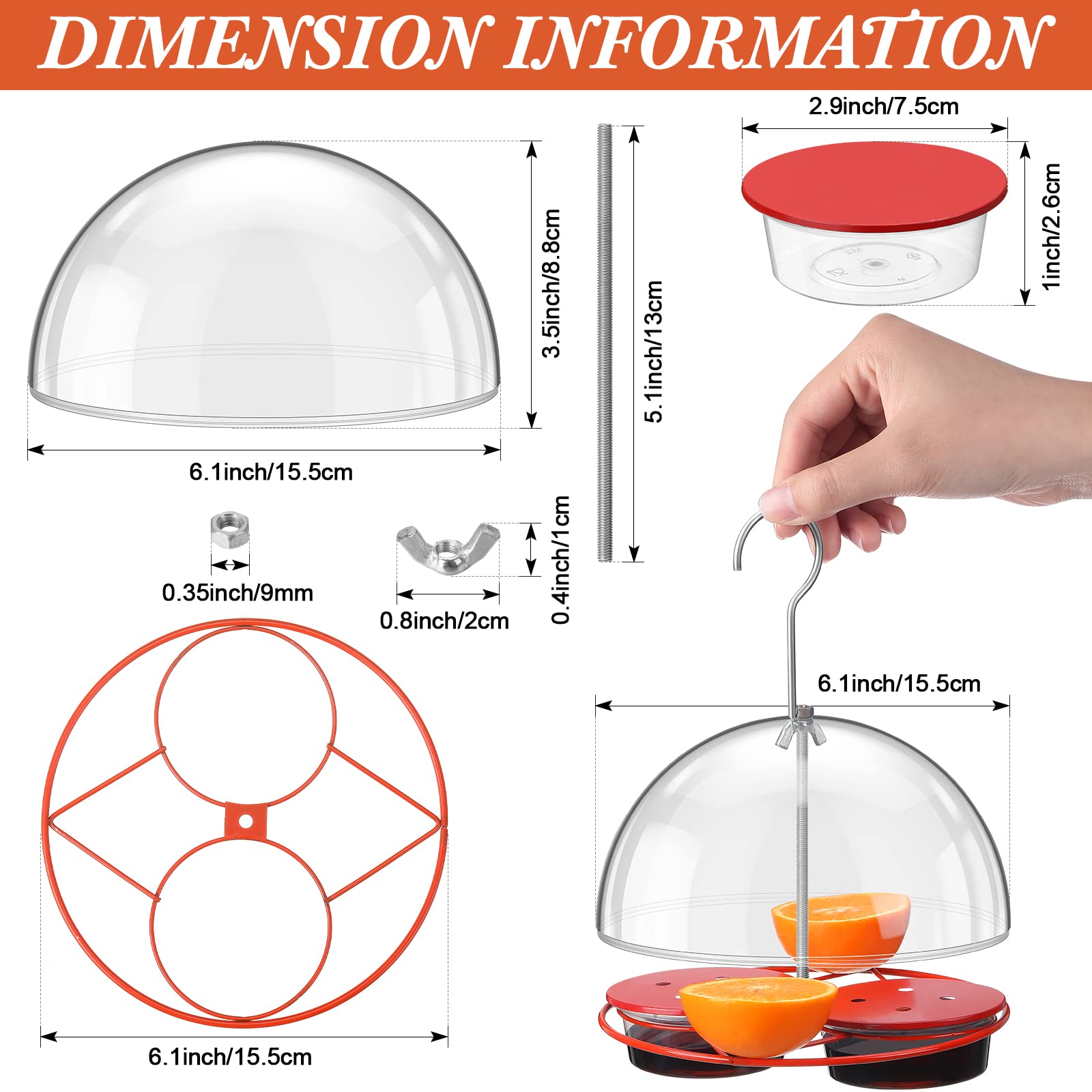 4 Pcs Oriole Bird Feeder Orange Halves Fruit Drinking Nectar Hanging Hummingbird Feeders Outdoor Metal Hanging Adjustable Dome Proof Squirrel and Larger Birds Baffle Bird Feeder