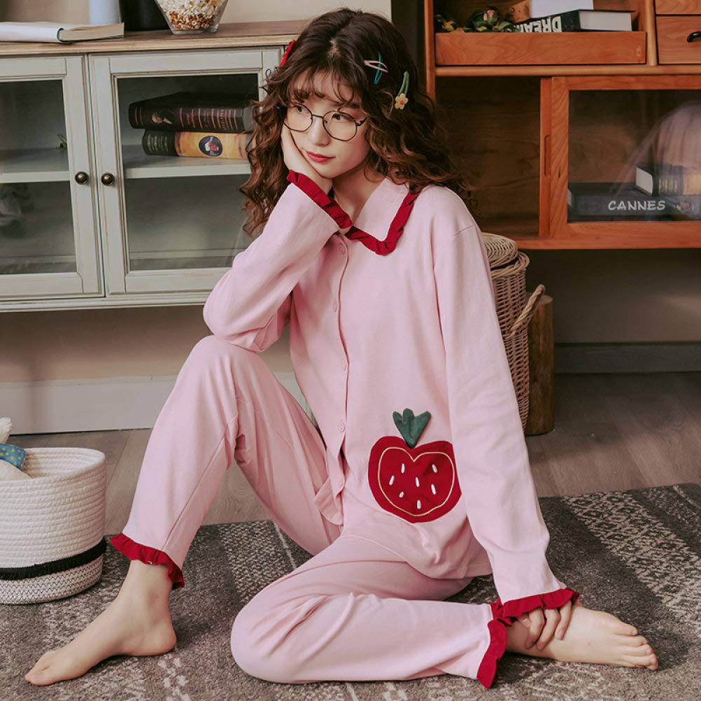 Conjunto De Pijamas De Mujer,Conjunto De Pijamas De Fresa Dulce Ropa De Dormir De Manga Larga De Algodón Top Con Botones Y Pantalones Pjs Cozy & Ropa De Dormir Suave Para El Otoño Invierno,Rosa,M