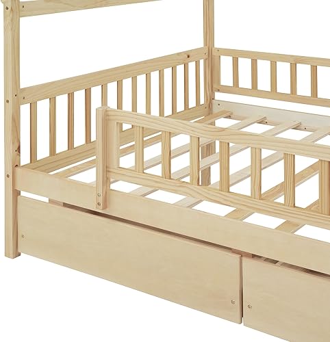 Miniatura 267 de Cama de casa de tamaño individual con 2 cajones, marco de cama de madera y barandilla de seguridad. Ahorra espacio, ideal para el dormitorio de un