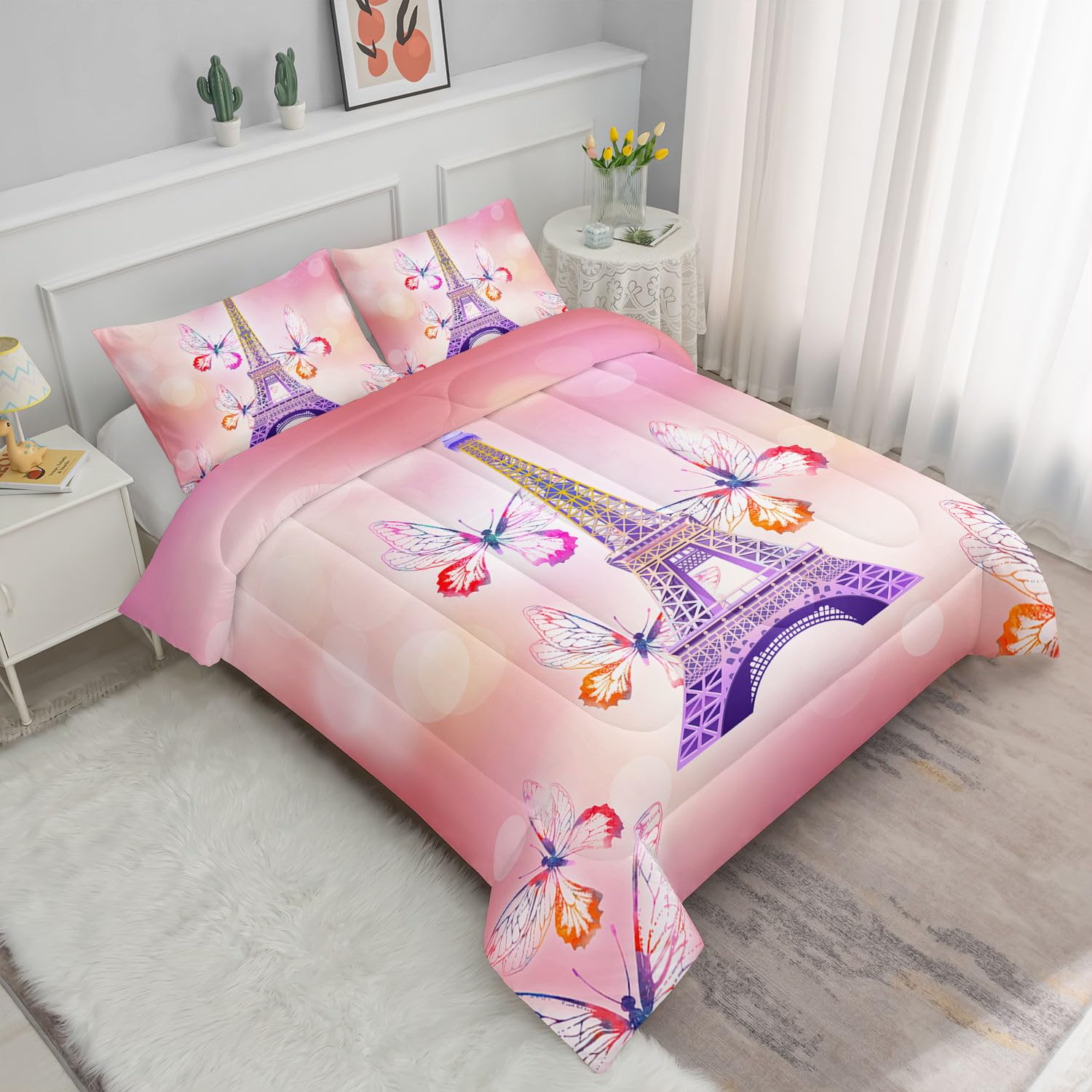 Datura home Kids Comforter Set Eiffel Tower Butterfly Printed Pattern Bedding Set with 1 Comforter and 2 Pillowcases for Girls Boys Bedroom All Season(Eiffel Full)