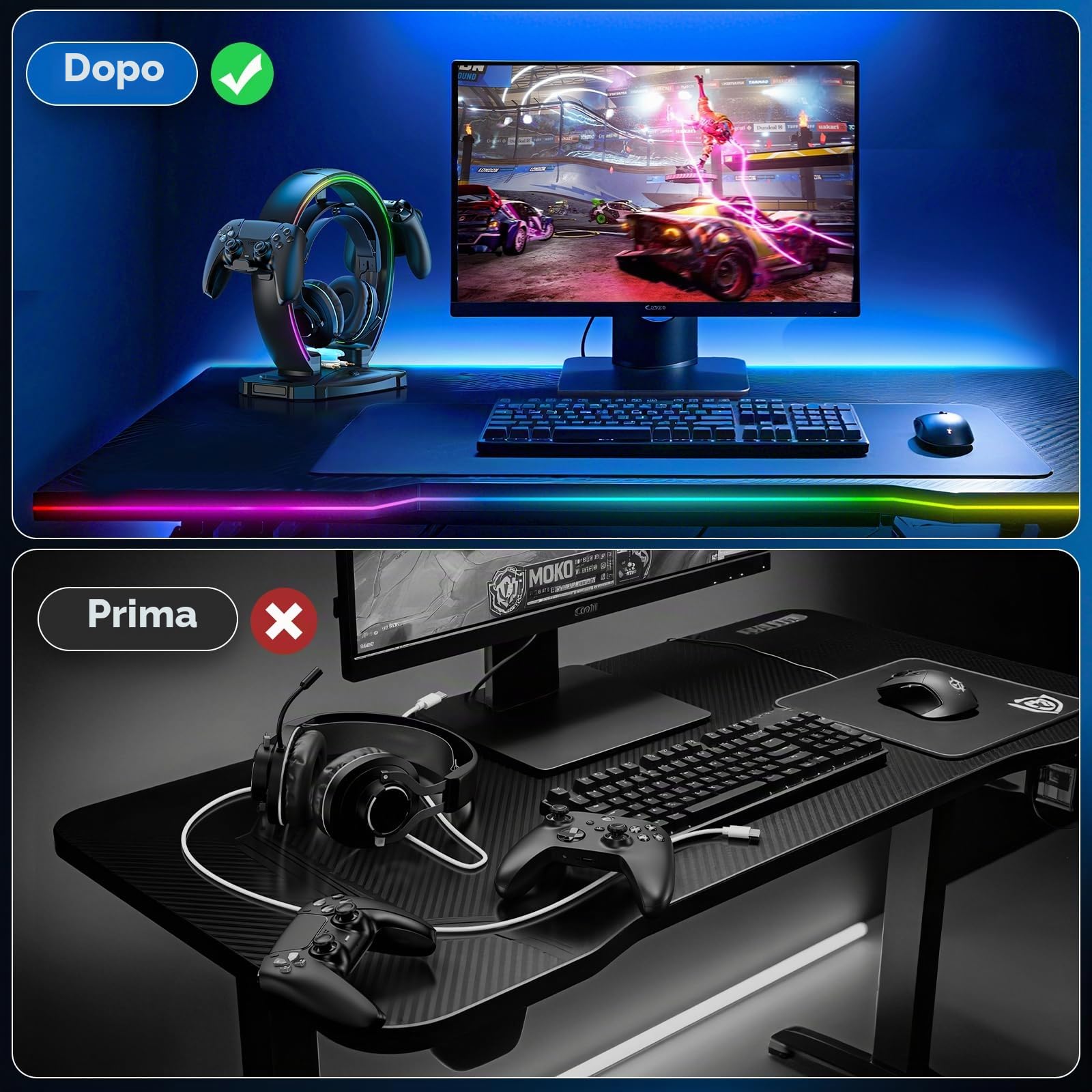 KDD Supporto Cuffie & Controller con 9 Modalità di Illuminazione - Supporto Controller Pieghevole per Scrivania - Porta Cuffie con Organizer per Cavi - Accessori da Scrivania per Giocatori