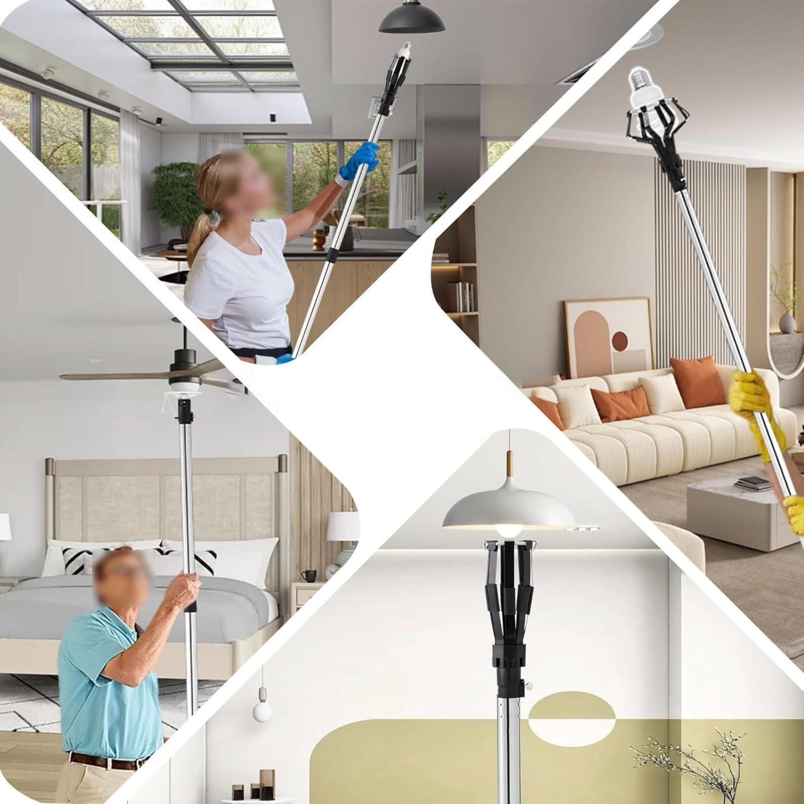 Strumento per cambiare lampadina con 3 teste, asta estensibile in acciaio inossidabile per soffitti alti, kit di rimozione della lampada per interni ed esterni, regolabile 150-360 cm (asta a