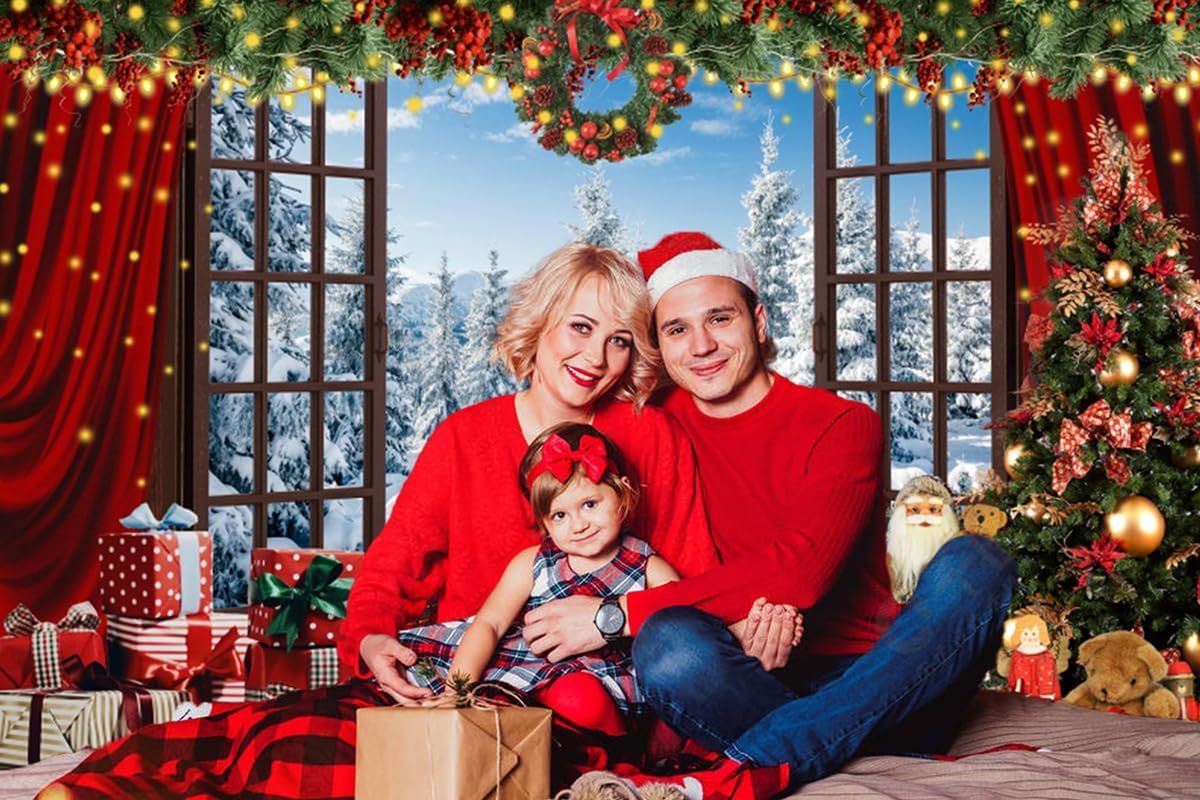 10x8ft Christmas Window Backdrop for Photography Winter Wonderland Snow Mountain Christmas Tree Photo Background Xmas Theme Holiday Party Decorations Banner Family Photo Shoot Background