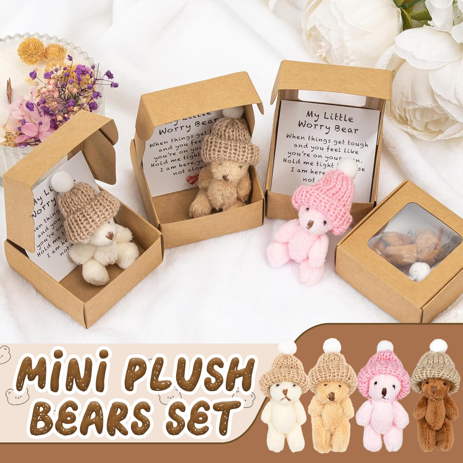 Lanstorm 4 Pcs Worry Bear Hug in a Box, A Little Pocket Bear Hug, Mini Plush Teddy Bears with Inspirational Card - Image 3