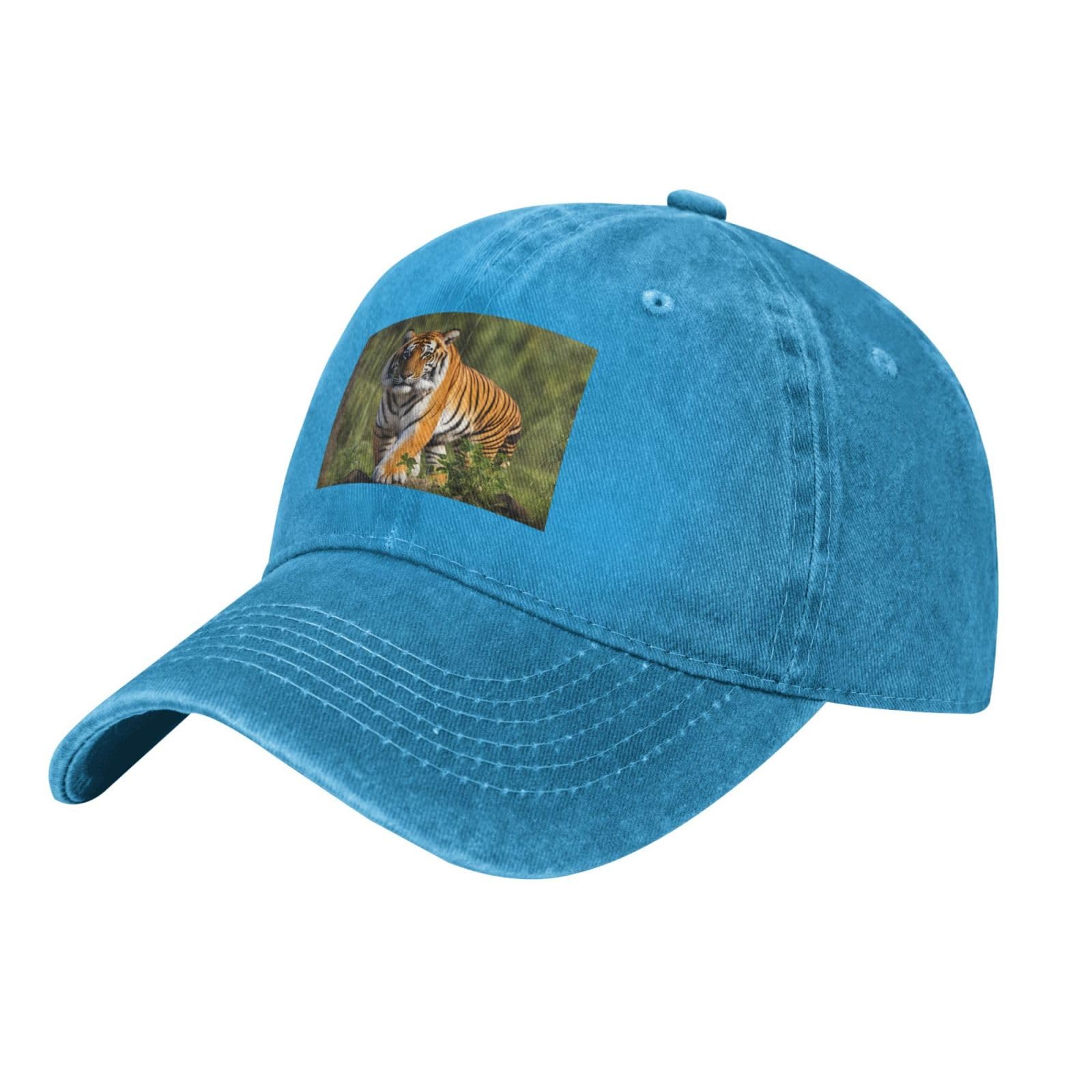 WHJSSF Black Washed Denim Baseball Cap Bengal Tiger Pattern Adjustable Cotton Hat for Men & Women