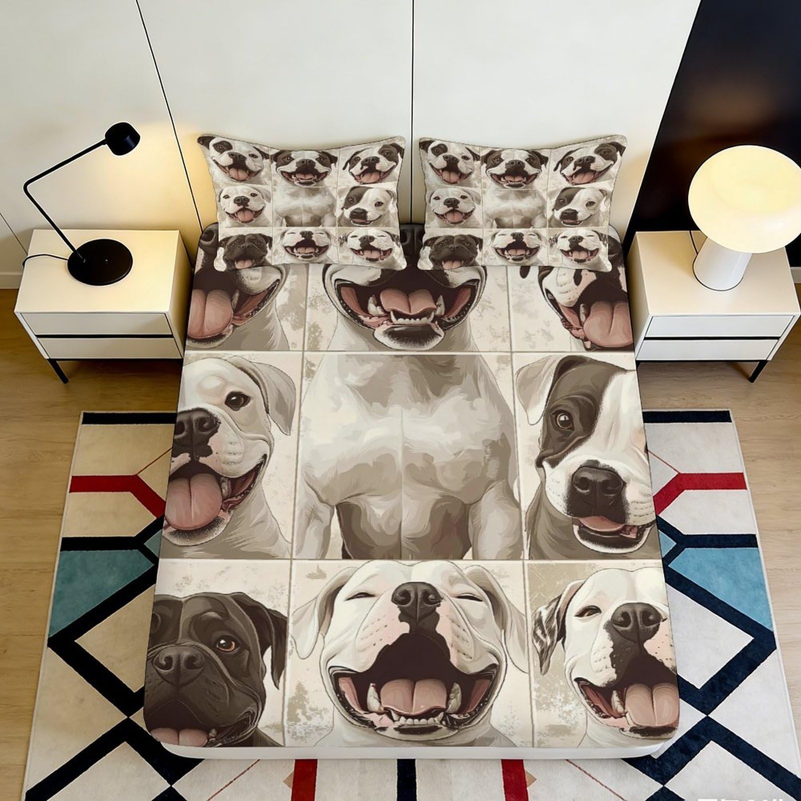 3D Printed Smiling Dog Fitted Sheet Microfiber Soft Anti-Slip Cartoon Bulldog Mattress Cover for Bedroom Guest Room Decor 90x200x25cm
