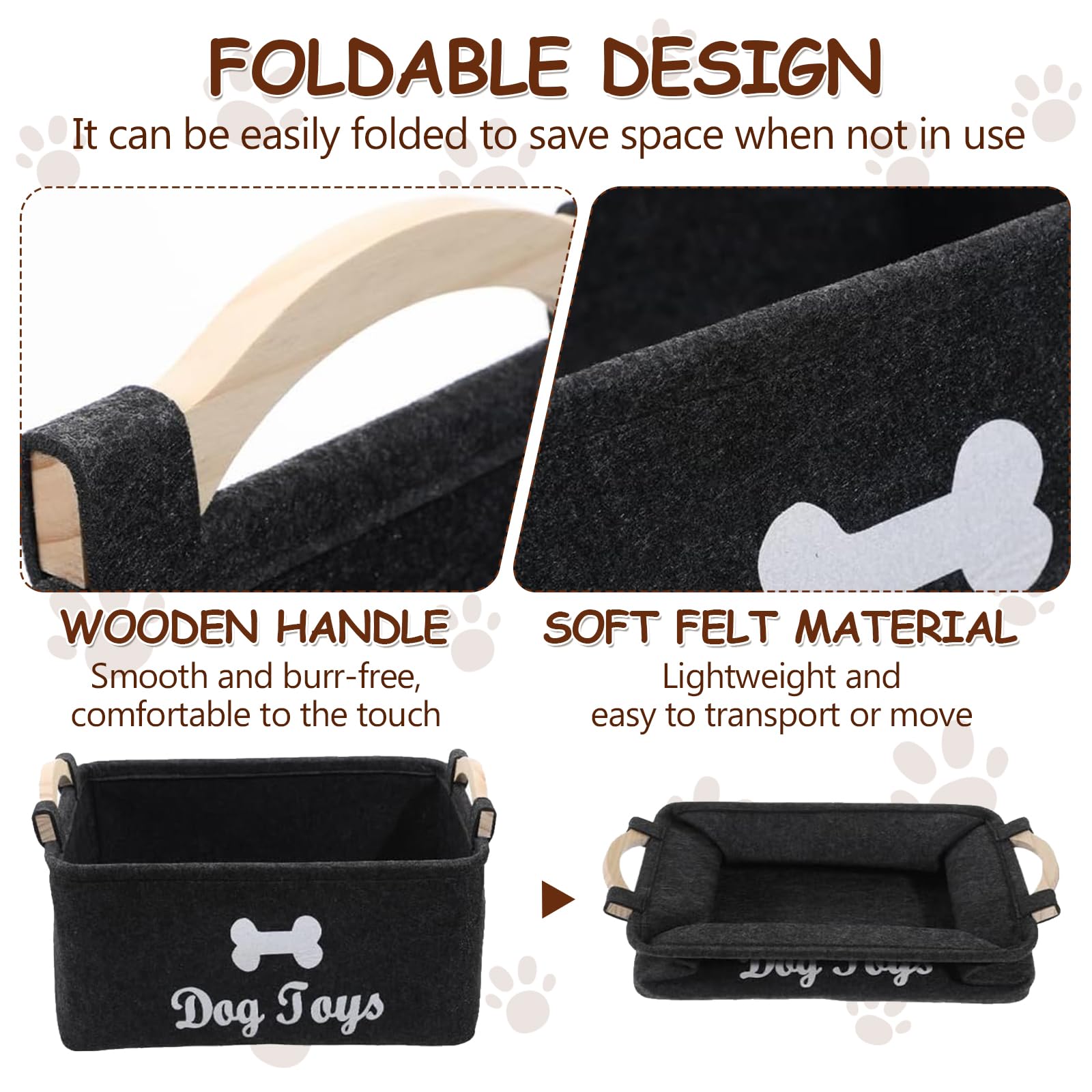 Cesta de Fieltro, Caja de Juguetes para Perros con Mango Madera, Cesta de Almacenamiento Juguete para Perros Versátil, Organizar Comida, Juguetes Accesorios Mascotas