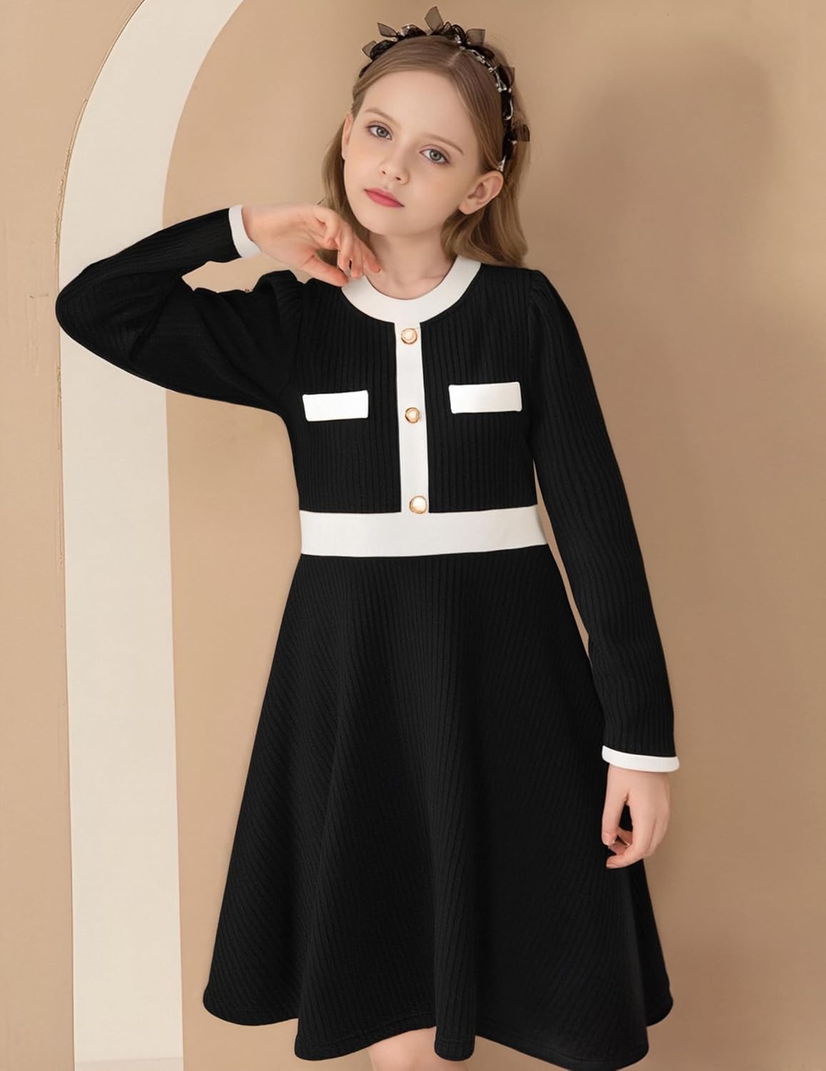 Girls Dress Fall Dress Long Sleeve Button Color Block Winter Casual Party Dresses 5-14Y - Image 2