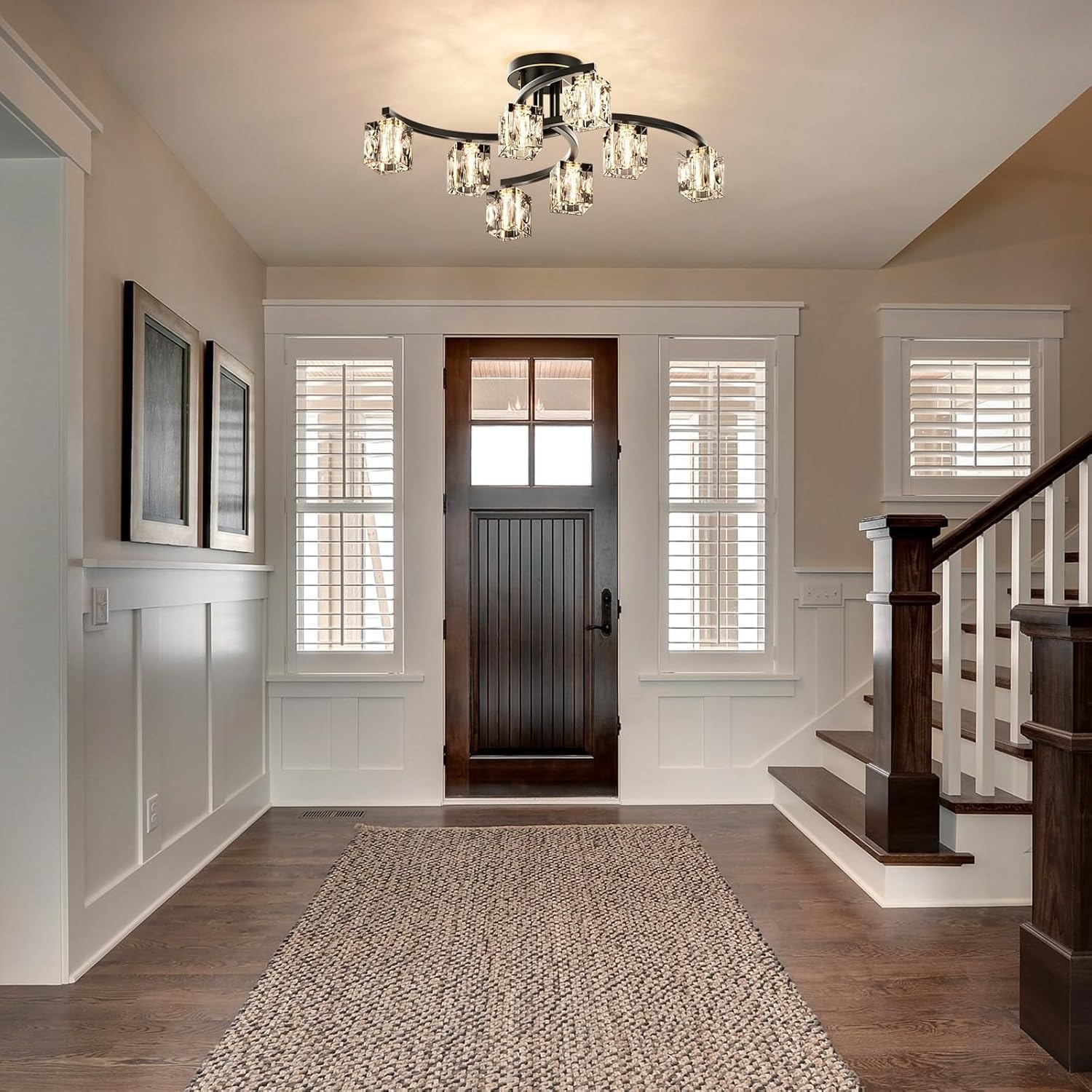 Black Modern Sputnik Chandelier Ceiling Light Fixtures,8-Lights Farmhouse Crystal Semi Flush Mount Ceiling Light for Bedroom Dining Room Living Room Kitchen Hallway