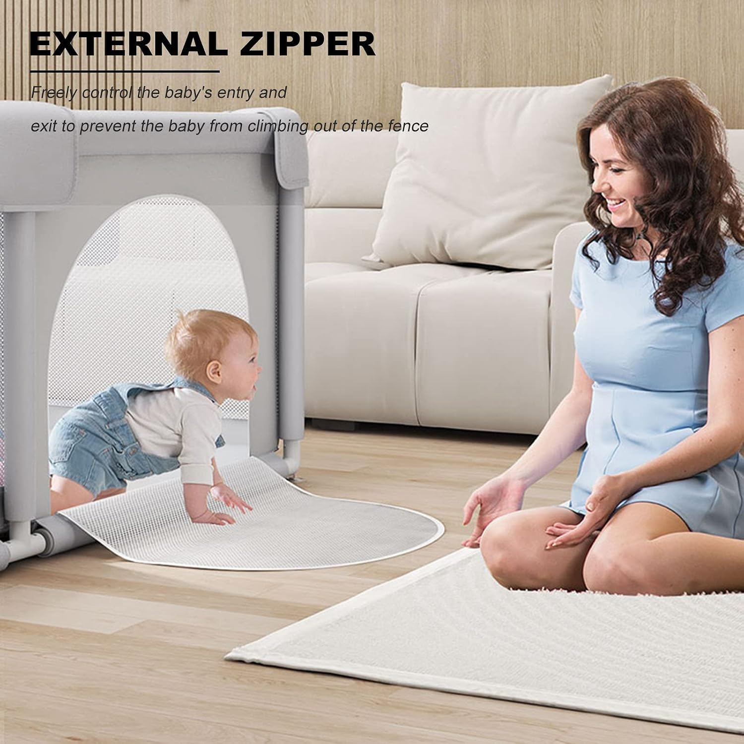 Jolan Baby Playpen 120×120cm 120×160cm 120×180cm 150×180cm 160×200cm 180×200cm,Baby Fence with Breathable Net and Zipper Door,Kids Indoor Outdoor Safety Activity Center Playpen,Grey-120×160cm