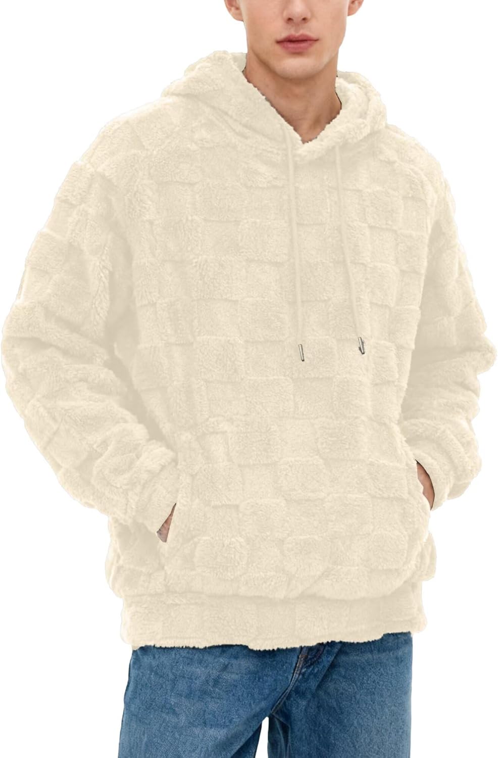 Mens Fuzzy Sherpa Pullover Hoodie Sweatshirts Long Sleeve Front Pocket Fall Outwear Winter Hooded