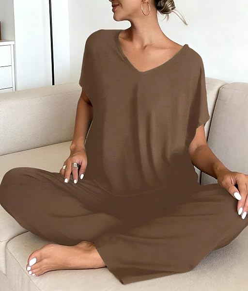 Summer Lounge Set for Women, 2 Pieces, Short Sleeve V Neck Top and Wide Leg Trousers, Casual Stretch Comfortable Home Wear - 5