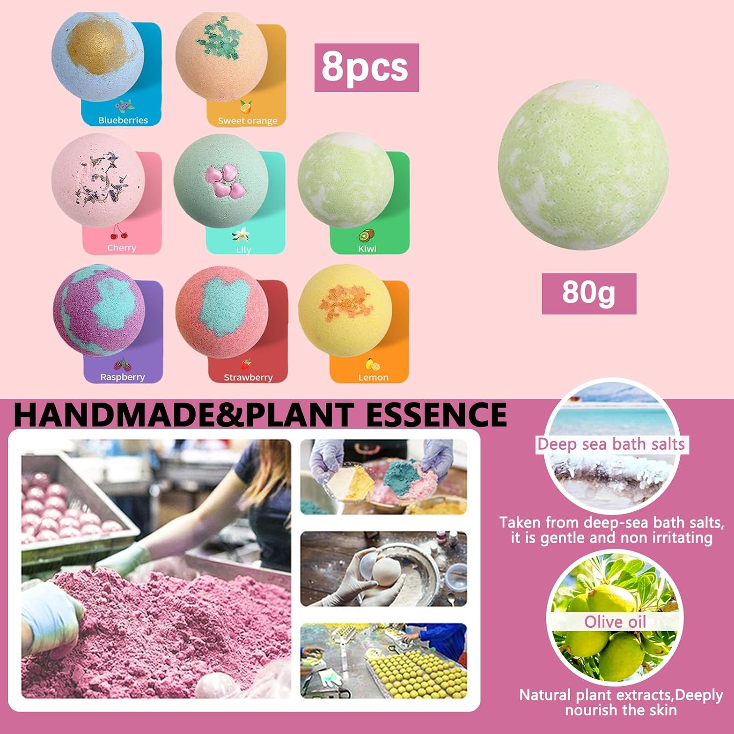 RoseFlower Bath Bombs Gift Set, 8pcs Colorful Bath Bombs, Handmade & Plant Essence, Plant Essential Oil Extraction, Home Bath to Moisturize Skin, Perfect SPA Gift for Women