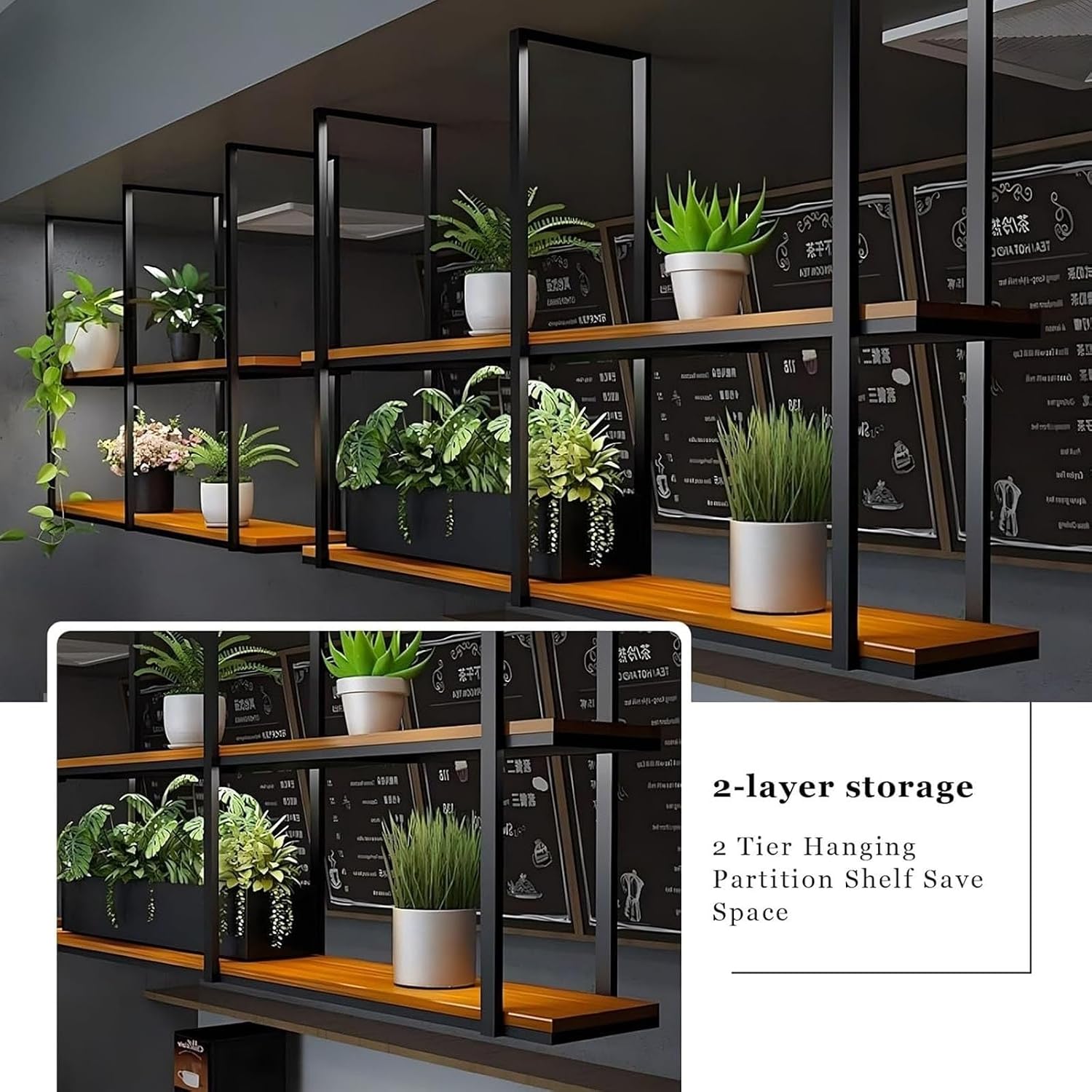 Wrought Iron Plant Rack - Ceiling Hanging Wine Rack In Home & Kitchen, Double Layer Floating Display Stand, European-style Simple Solid Wood Storage Rack, For Restaurant/bar/living Room(Black 2,80*30*