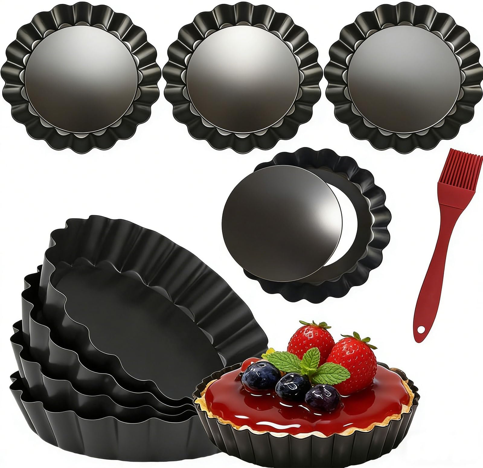8 Pack Mini Tart Pans 4 Inch with Removable Bottom Round Nonstick Quiche Pan, Heavy Duty Fluted Side for Pies, Mousse Cakes, Dessert Baking (4 Inch 8pcs)