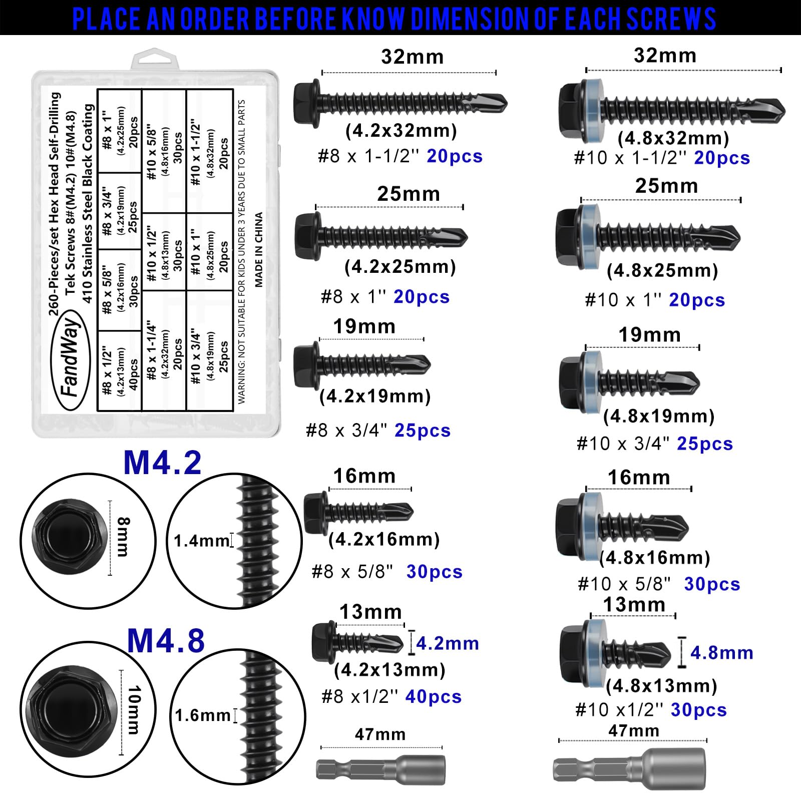 FandWay 260 Pcs Hex Head Self Drilling Screws for Metal,M4.2 M4.8 Hex Washer Self Tapping Sheet Metal Tek Screws,410 Stainless Steel Black Coating,Length 13mm to 50mm for Steel/Wood/Plastic - Image 4