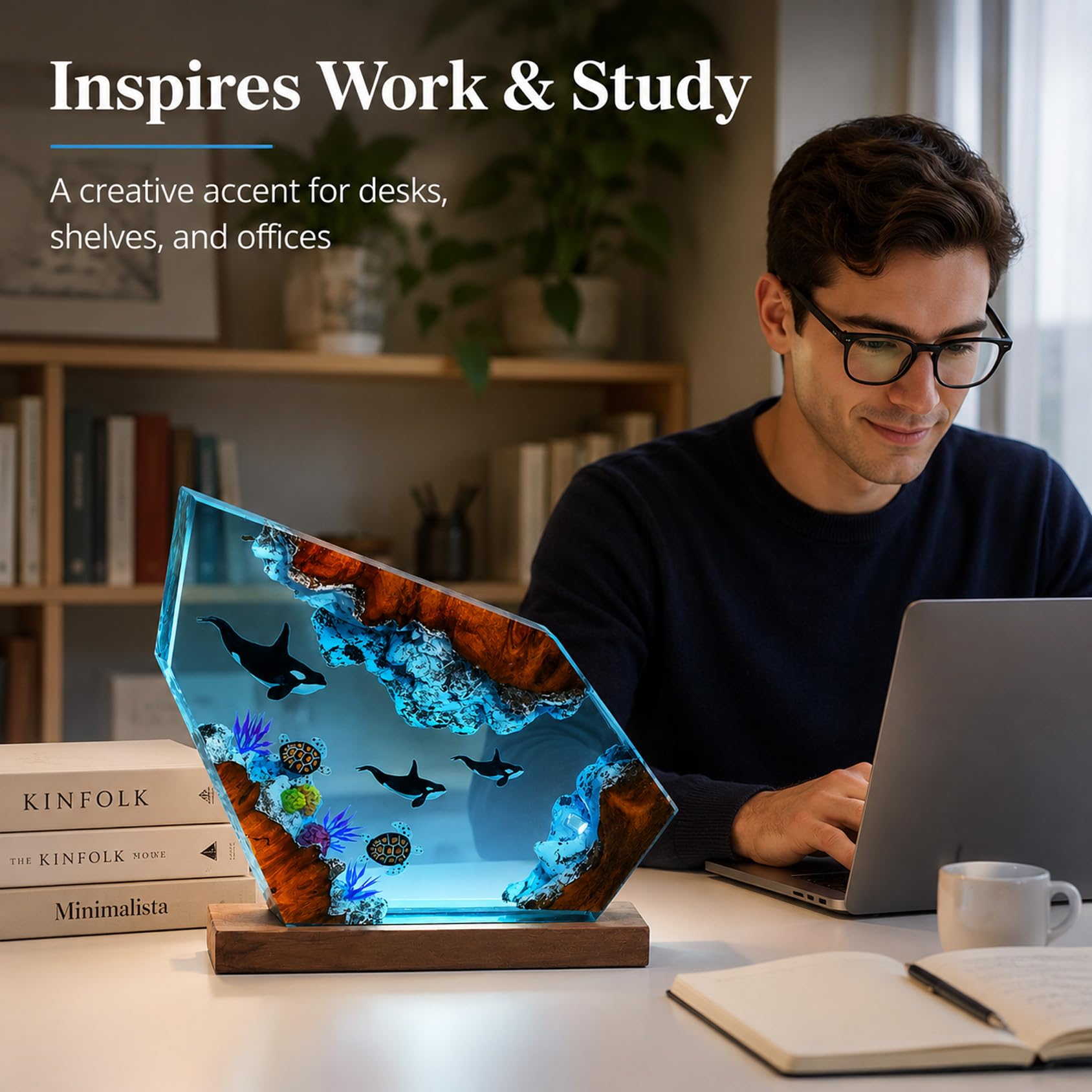 Drawelry 3D Ozean Figur Harz Statue Ornamente mit Holzsockel LED Nachtlicht Epoxidharz Meerestier Hai Wale Oktopus Taucher Figuren Skulptur Mini Meere Aquarium für Zuhause, Büro, Tisch Deko (C9)