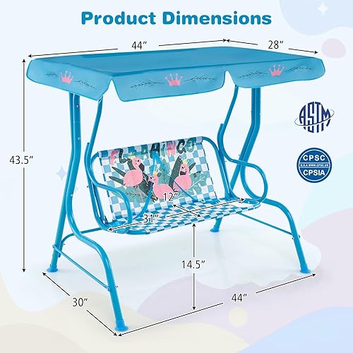 Miniatura 9 de HONEY JOY Columpio de patio para niños, 2 plazas para porche al aire libre, toldo ajustable y cinturón de seguridad, resistente a todo tipo de