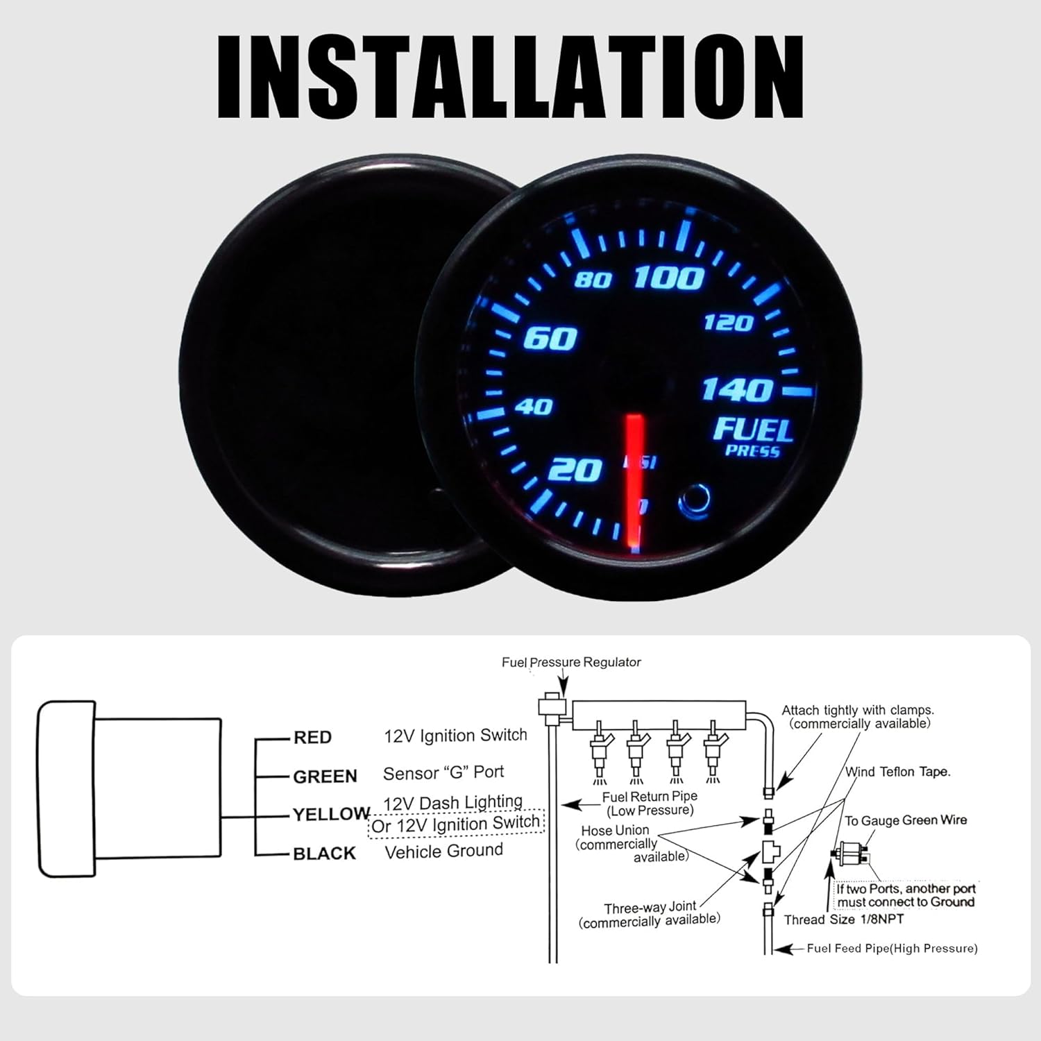 Fuel Press Gauge Tinted 7 Color 0-140 PSI 2-1/16" 52mm Fuel Pressure Gauge Kit Includes Electronic Sensor - for Car & Truck