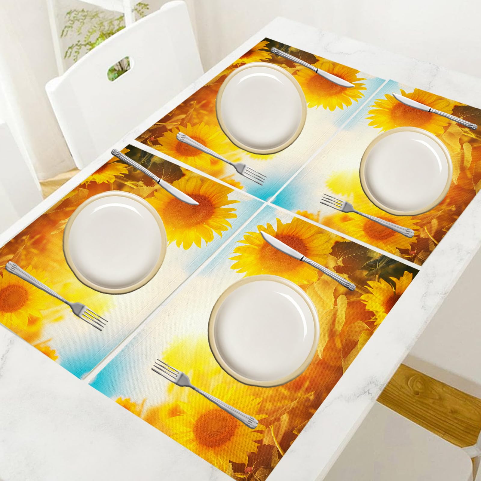 Set di 8 Tovagliette Americane Lavabili Cotone Lino Fiori - Tovaglietta Americana Resistenti al Calore Durevole Girasole - per Colazione Pranzo 30×45 cm