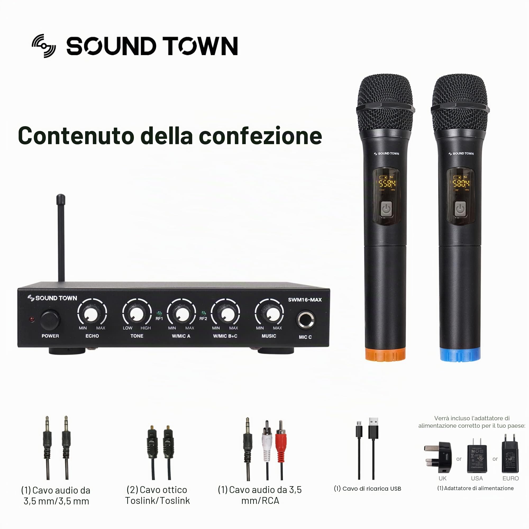 Sound Town SWM16-MAX - Microfono wireless con sistema mixer karaoke HDMI ARC, ottico (Toslink), AUX, supporta Smart TV, Media Box, PC, Bluetooth, soundbar, ricevitore