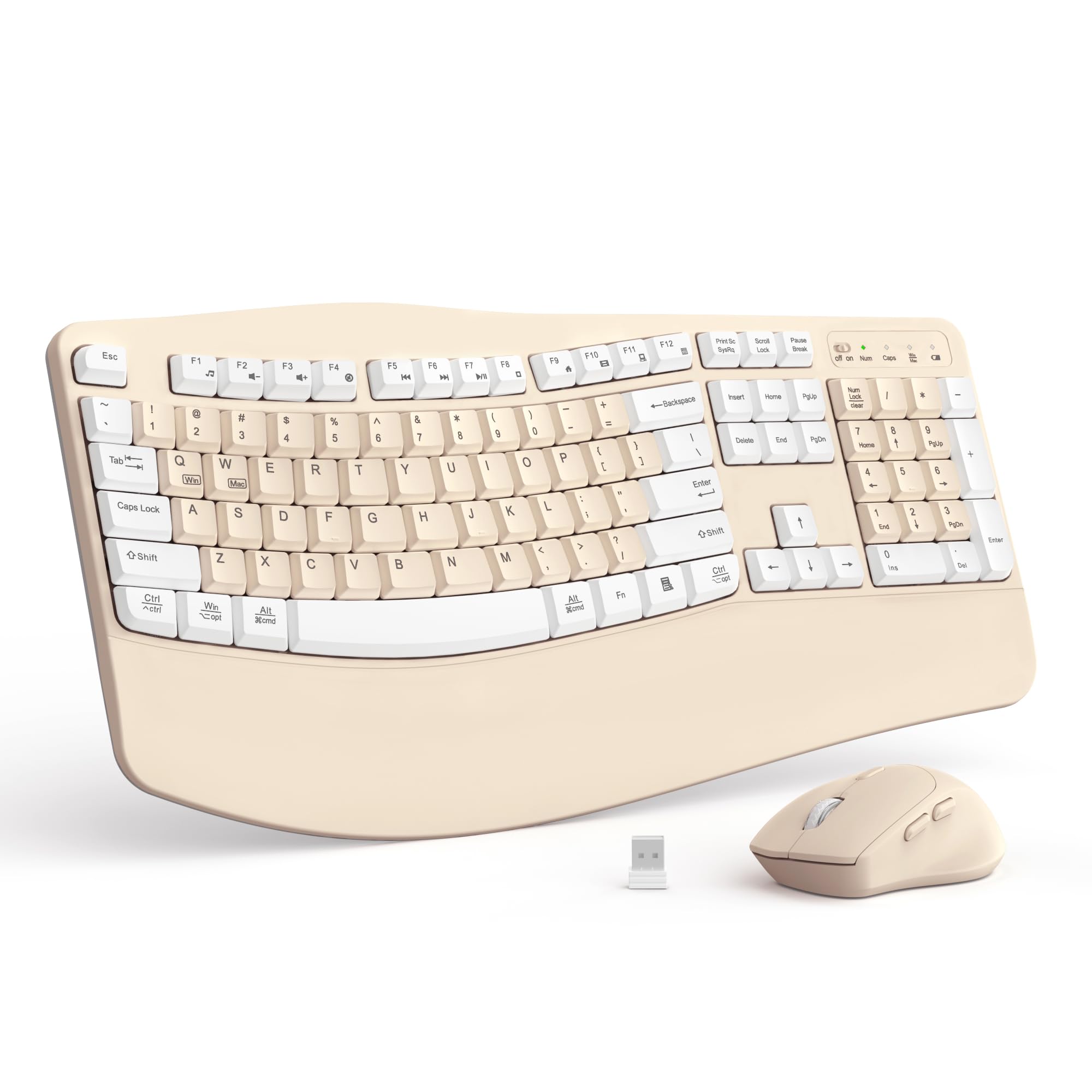 Ergonomic Wireless Keyboard and Mouse Combo Wave Keys Keyboard with Wrist Rest for Natural Typing 3 DPI Adjustable