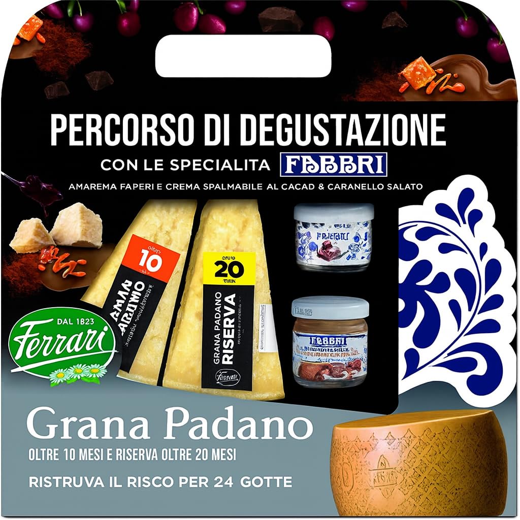 Confezione con Formaggio Italiano Stagionato 10 e 20 Mesi 400g e Specialità Dolci alla Frutta per Degustazioni Gourmet, Taglieri Raffinati e Regali Gastronomici di Alta Qualità