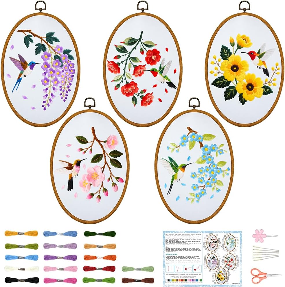ACRNIGHEET 5PCS Embroidery Starter Kit, Mini Embroidery Kit for Beginners Adults, Stamped Cross Stitch Kits with Stamped Pattern Fabric and Instruction, Creative Gifts, Hummingbird Flowers