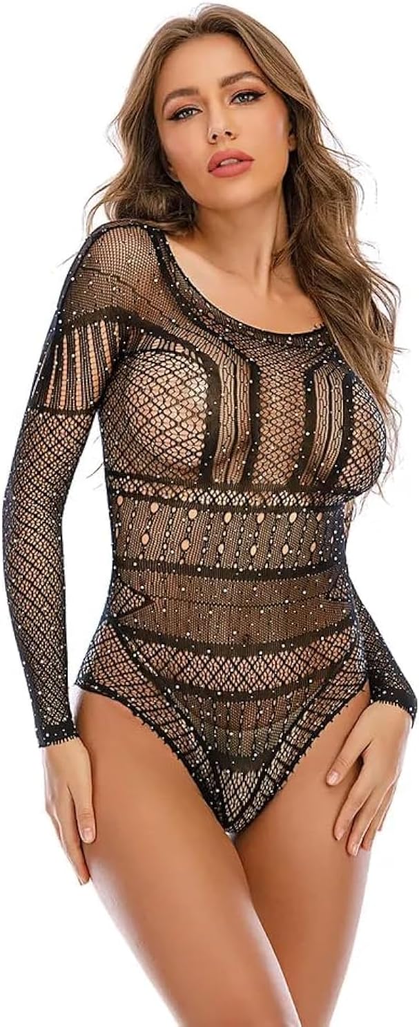 Women Fancy Fishnet Body Stocking Fishnet Lingerie Women's Lingerie Sexy Outfits Fishnet Babydoll Sparkle Rhinestone Bodystocking Clubwear Nightwear