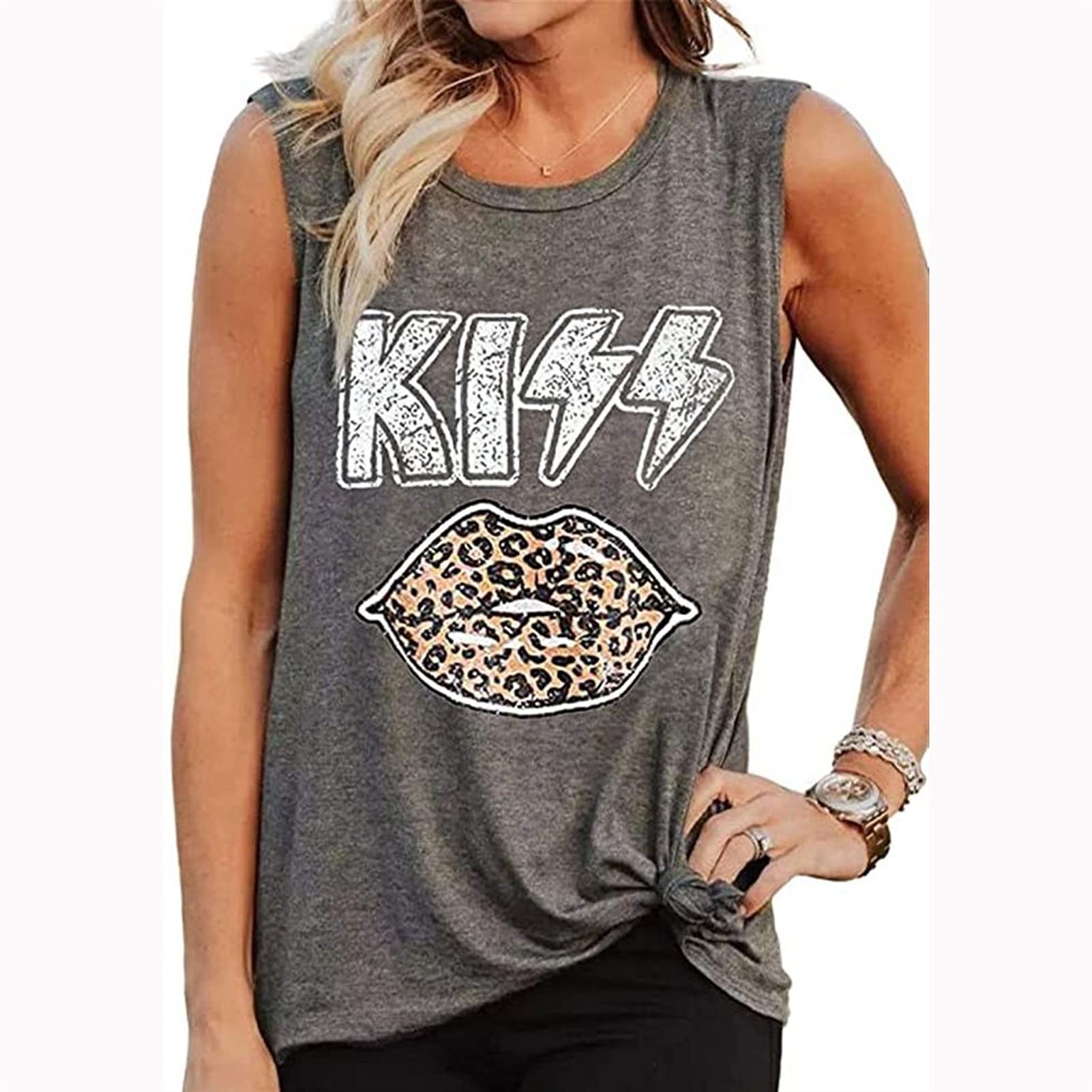 Hong Yi Fei-Shop Women Camisole Tanks Womens Tank Tops Casual Kiss Printed Sleeveless Inspirational Leopard Graphic Tees Summer Tanks Blouses (Color : Grey, Size : Small)