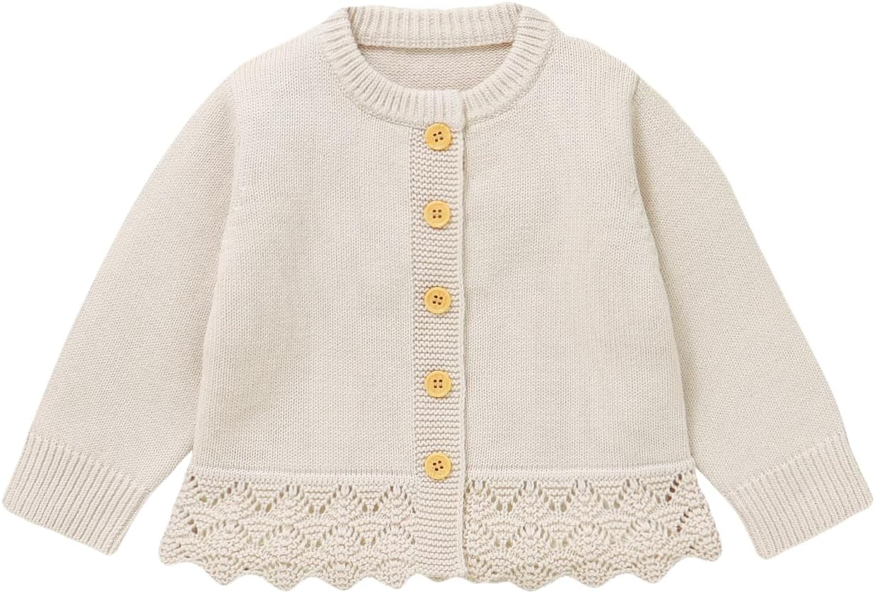 Hadetoto Baby Girl Knit Cotton Cardigan Sweater Long Sleeve Button Up Lace Sweatshirt Jacket Fall Infant Toddler Clothes