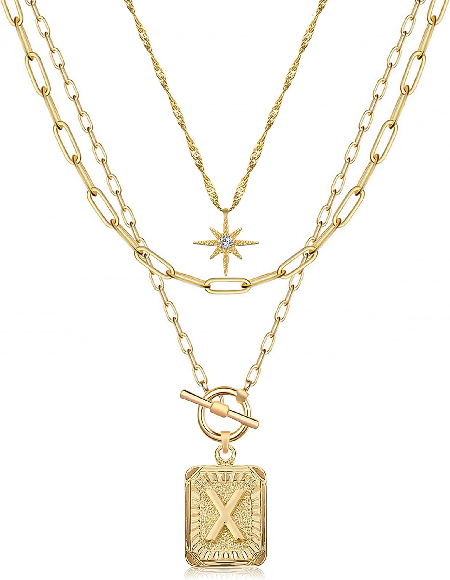 MJartoria Layered Initial Necklaces for Women Trendy, 14K Gold Plated Brass Simple Star Choker Square Letter Pendant Necklace, Paperclip Chain Necklaces Jewelry Gifts