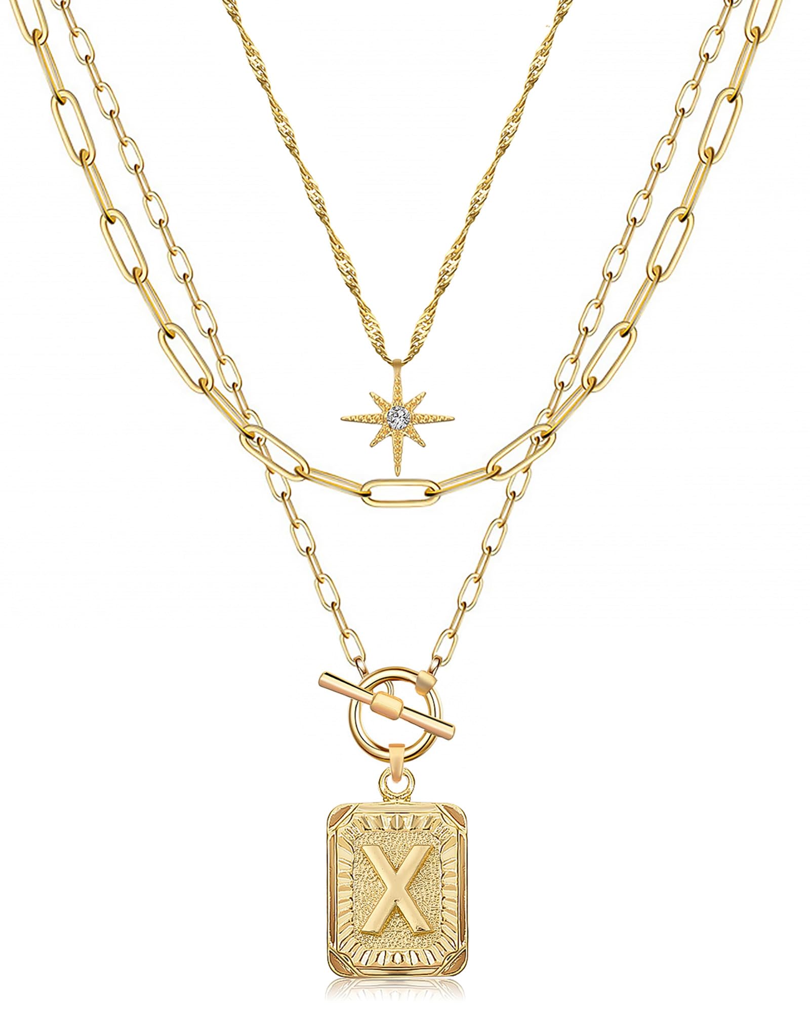 MJartoria Layered Initial Necklaces for Women Trendy, 14K Gold Plated Brass Simple Star Choker Square Letter Pendant Necklace, Paperclip Chain Necklaces Jewelry Gifts