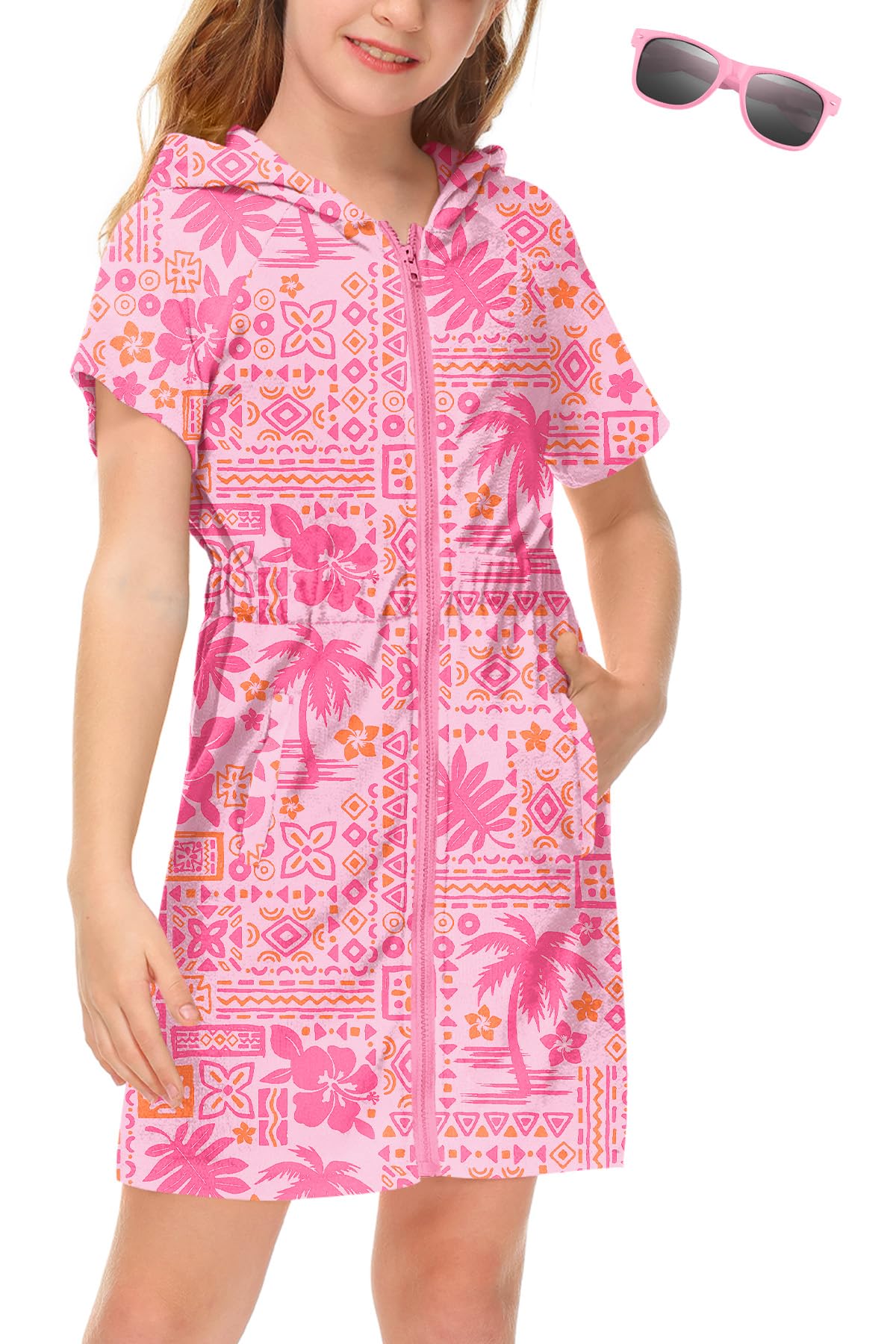 BesserBay Girls Swim Cover Up Beach Bathing Suit Coverups for Swimwear Zip-Up Terry Cloth Robes with Sunglasses 6-14 Years