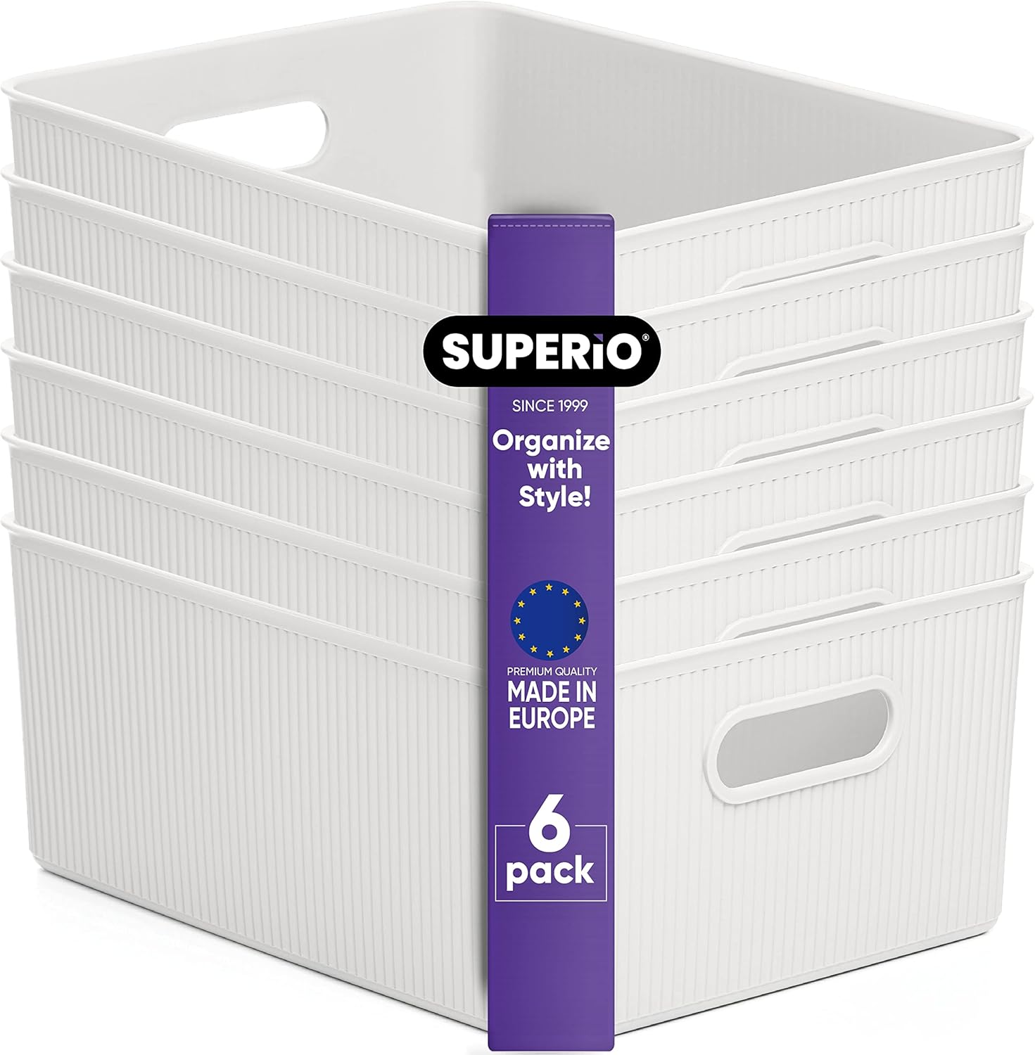 Superio Ribbed Collection - Decorative Plastic Open Home Storage Bins Organizer Baskets, Large White (6 Pack) Container Boxes for Organizing Closet Shelves Drawer Shelf 15 Liter/16 Quart White 15 Liter (6 Pack)