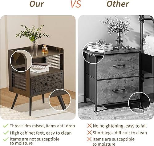 Miniatura 6 de Mesita de noche, mesita de noche con cajones, soporte de noche con cajones florales de metal ajustable de 2 niveles, patas de mesa de metal, para