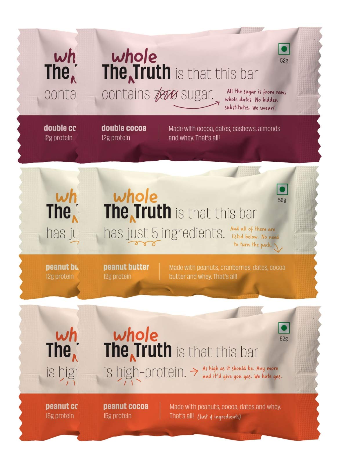 The Whole Truth - Protein Bars | Peanut Heavy (2 Double Cocoa Bars, 2 Peanut Cocoa Bars, 2 Peanut Butter Bars) | Pack of 6 x 52g each | Sugarfree | No Preservatives | No Gluten or Soy | All Natural (B08KXWXV4Y) Amazon Price History, Amazon Price Tracker