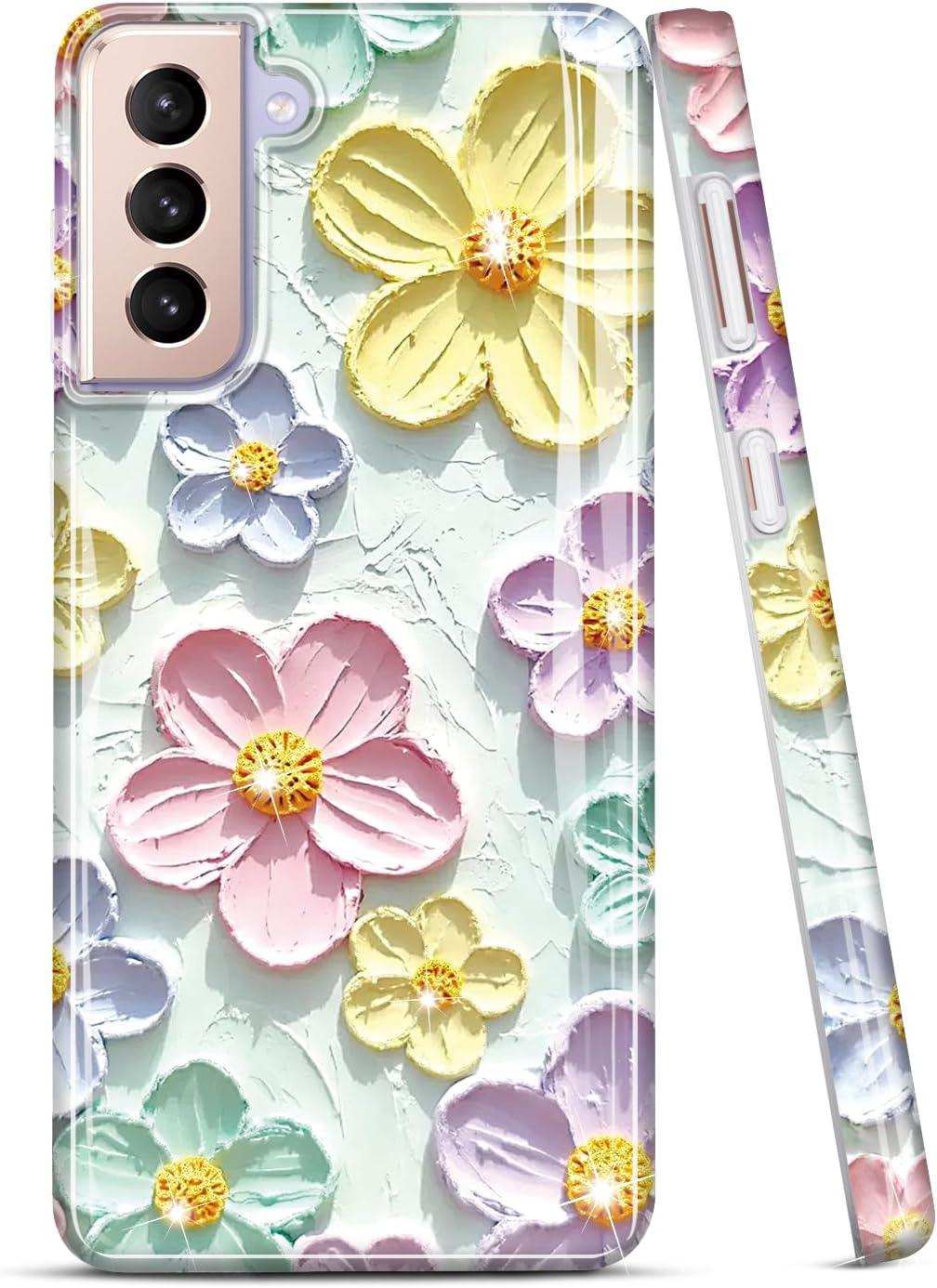 JIAXIUFEN Case For IPhone 14 IPhone 13 Sparkle Glitter Retro Oil Painting Printed Flower Design Slim Shockproof Protective TPU Soft Silicone Cover Phone Case Daisy Blue