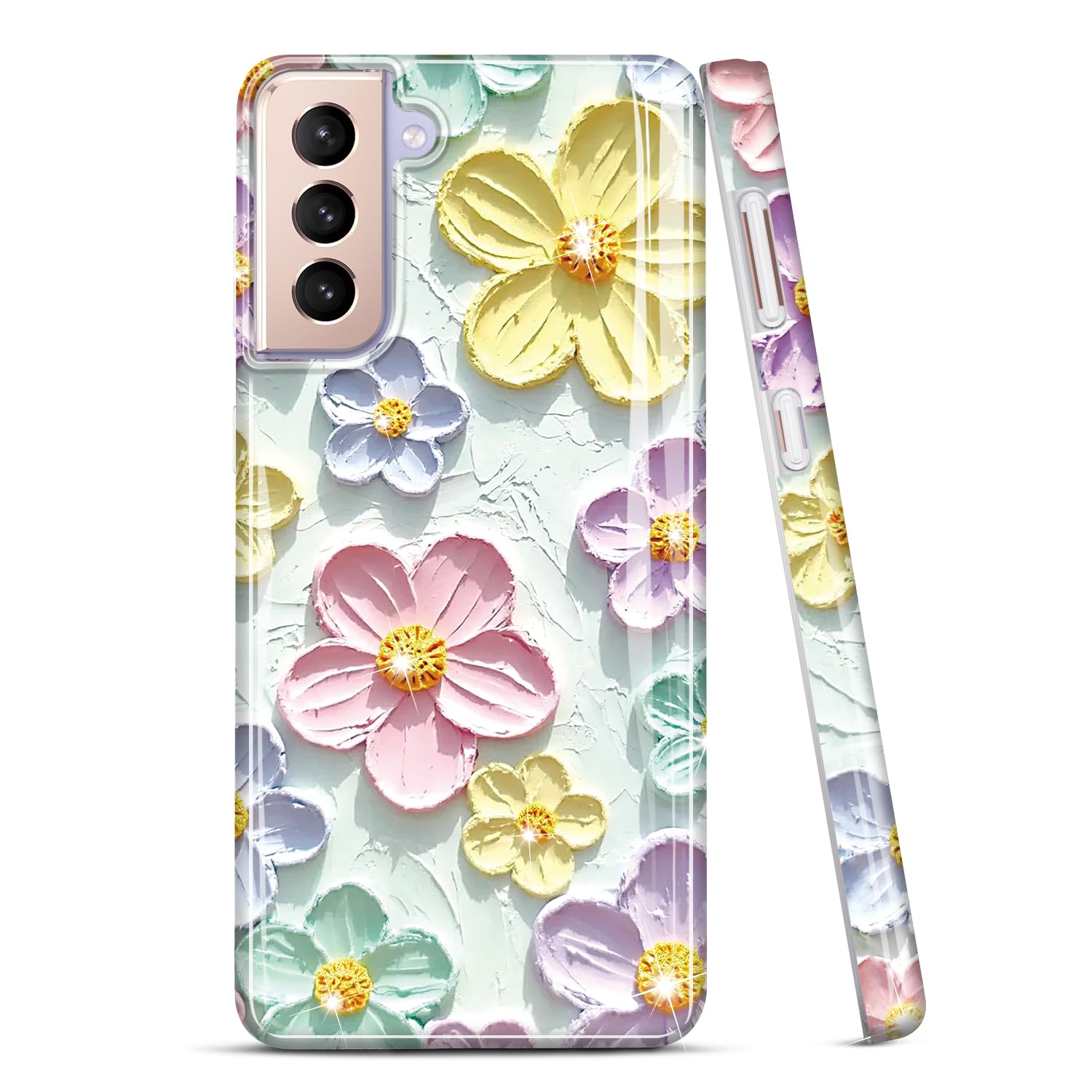 JIAXIUFEN Case Sparkle Glitter Retro Oil Painting Printed Flower Design Slim Shockproof Phone Case Compatible with Samsung Galaxy S21 6.2 inches Mint
