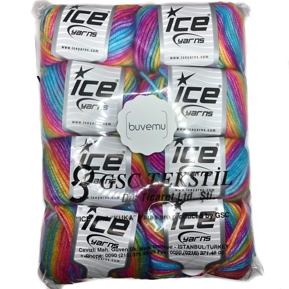 Ice Yarns Picasso Rainbow 64626 Self-Striping Multicolor Blue Purple Green Yellow Orange Pink Polyester Acrylic 50gr 125yds (Pack of 8-64626)