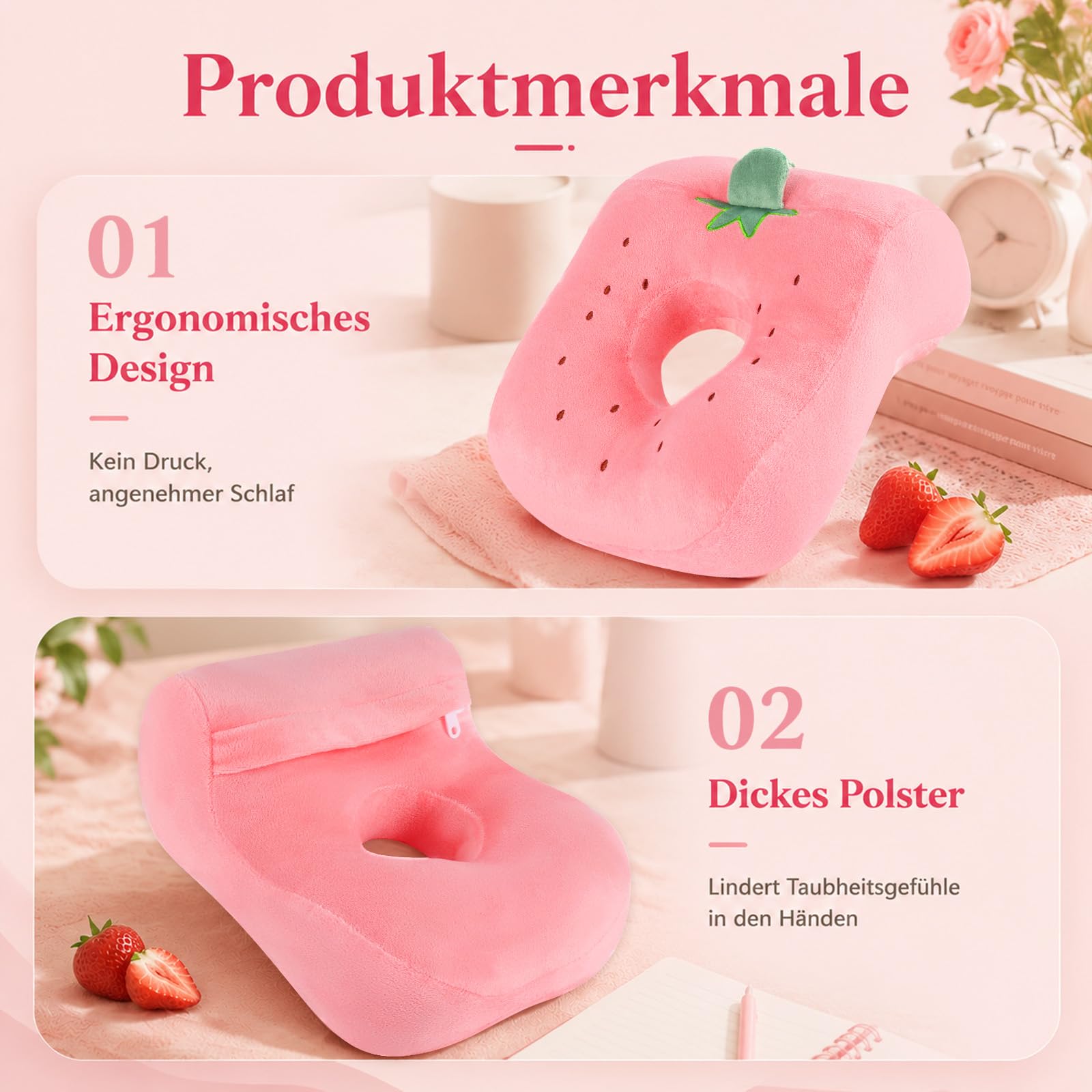 Piercing Kissen für Seitenschläfer, Ohrkissen mit Loch zur Druckentlastung, Weiches Nackenkissen für Ohrpiercing, Atmungsaktiv Schlafkissen 24x33x12cm für Büro, Schule, Flugzeug, Erdbeer Rosa