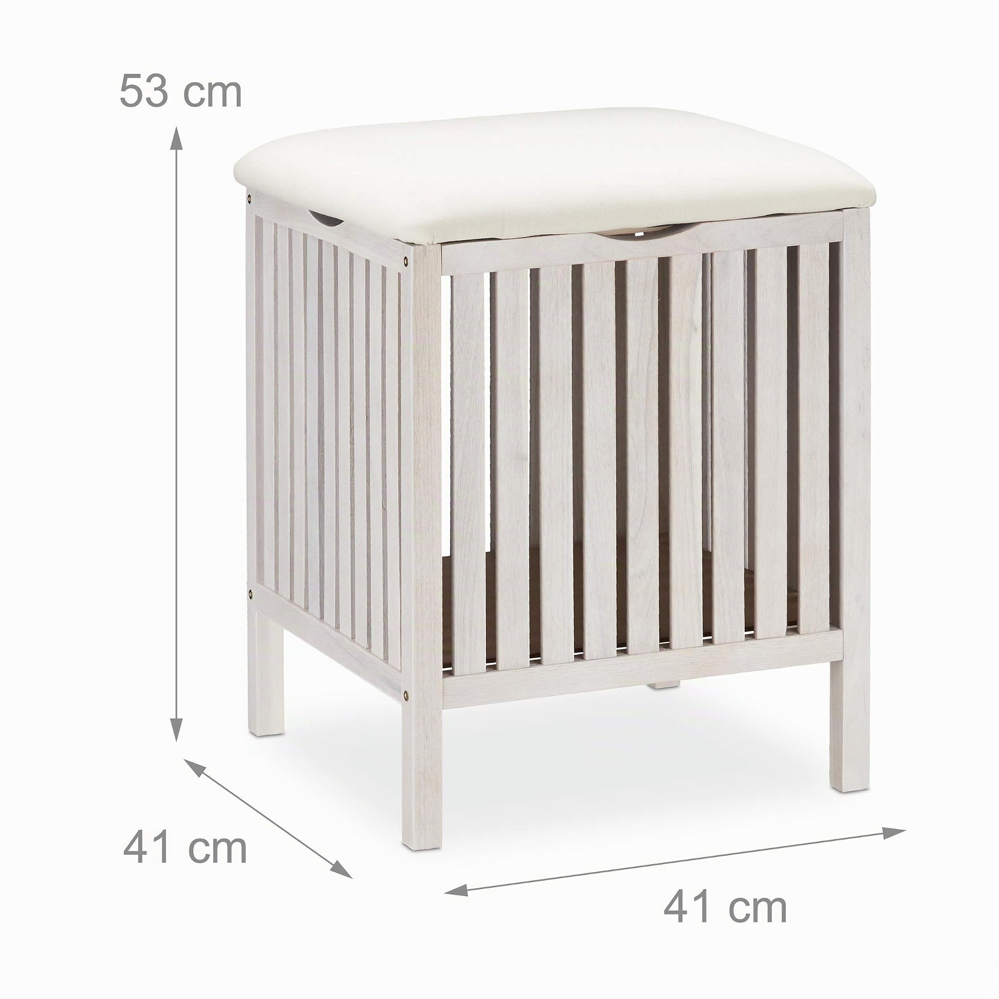 Relaxdays Cesto Ropa Sucia con Taburete, Banco Baño Rústico, Almacenaje Madera y Tela, 40l, 53 x 41 x 41 cm, Blanco