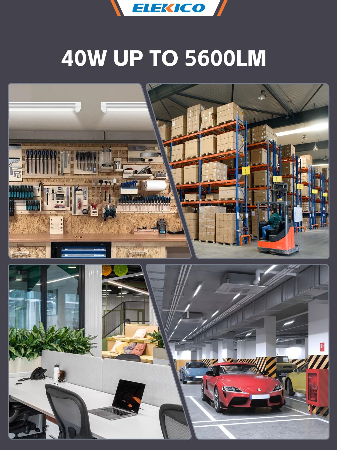 4 Pack 2ft Led Shop Lights 6000k 40w 5600lm 24 Inch Led Light Fixture Power Cord Wth on — view 6