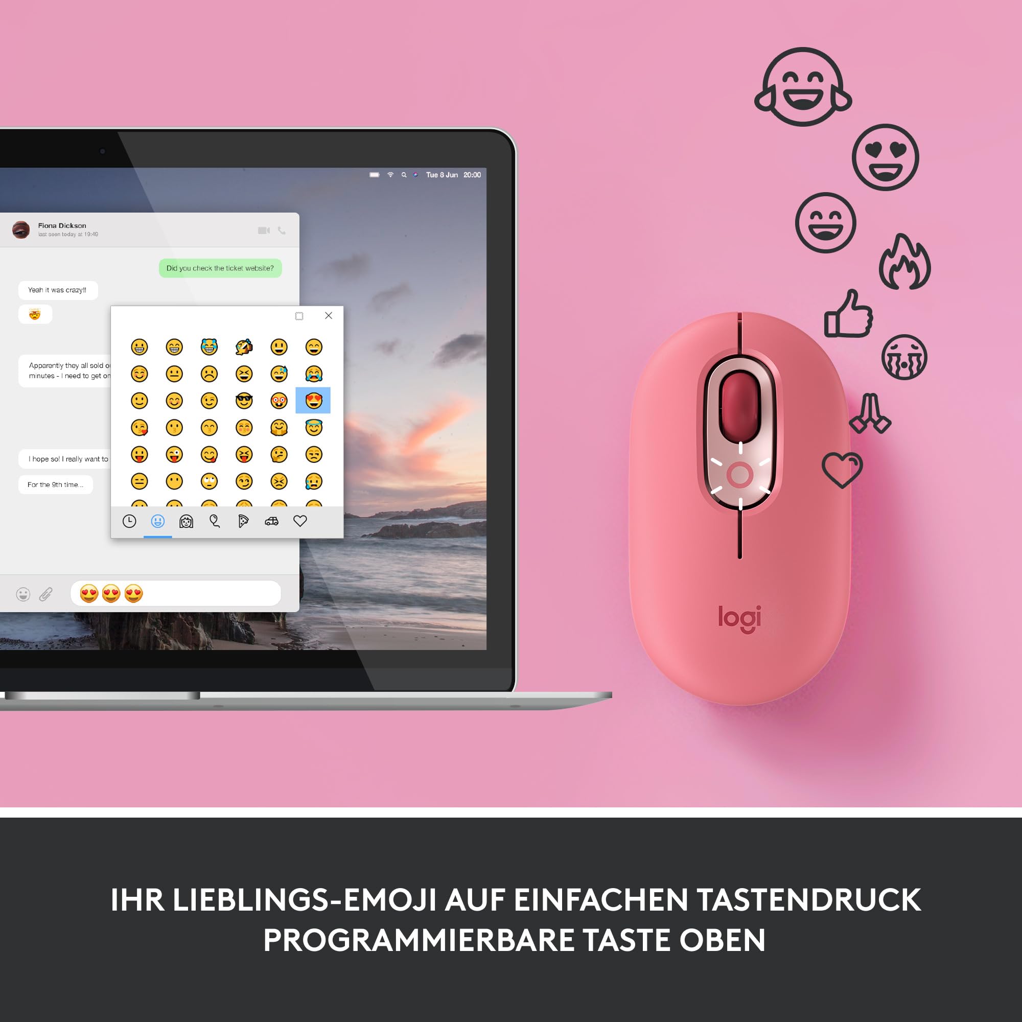Logitech POP Mouse, Kabellose Maus mit anpassbaren Emojis, SilentTouch-Technologie, Präzises/schnelles Scrollen, Kompakt, Bluetooth, USB, Multi-Device, OS-kompatibel - Heartbreaker